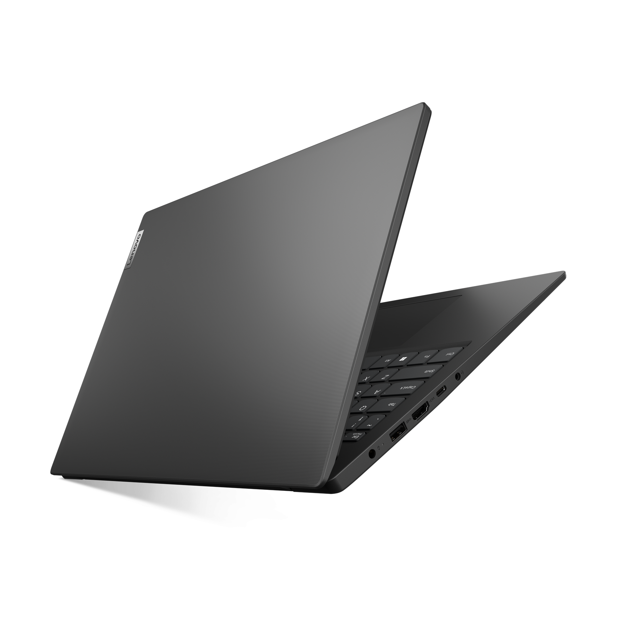 Ein dunkelgrauer Lenovo-Laptop, leicht geöffnet, vor schwarzem Hintergrund. Tastatur sichtbar.
