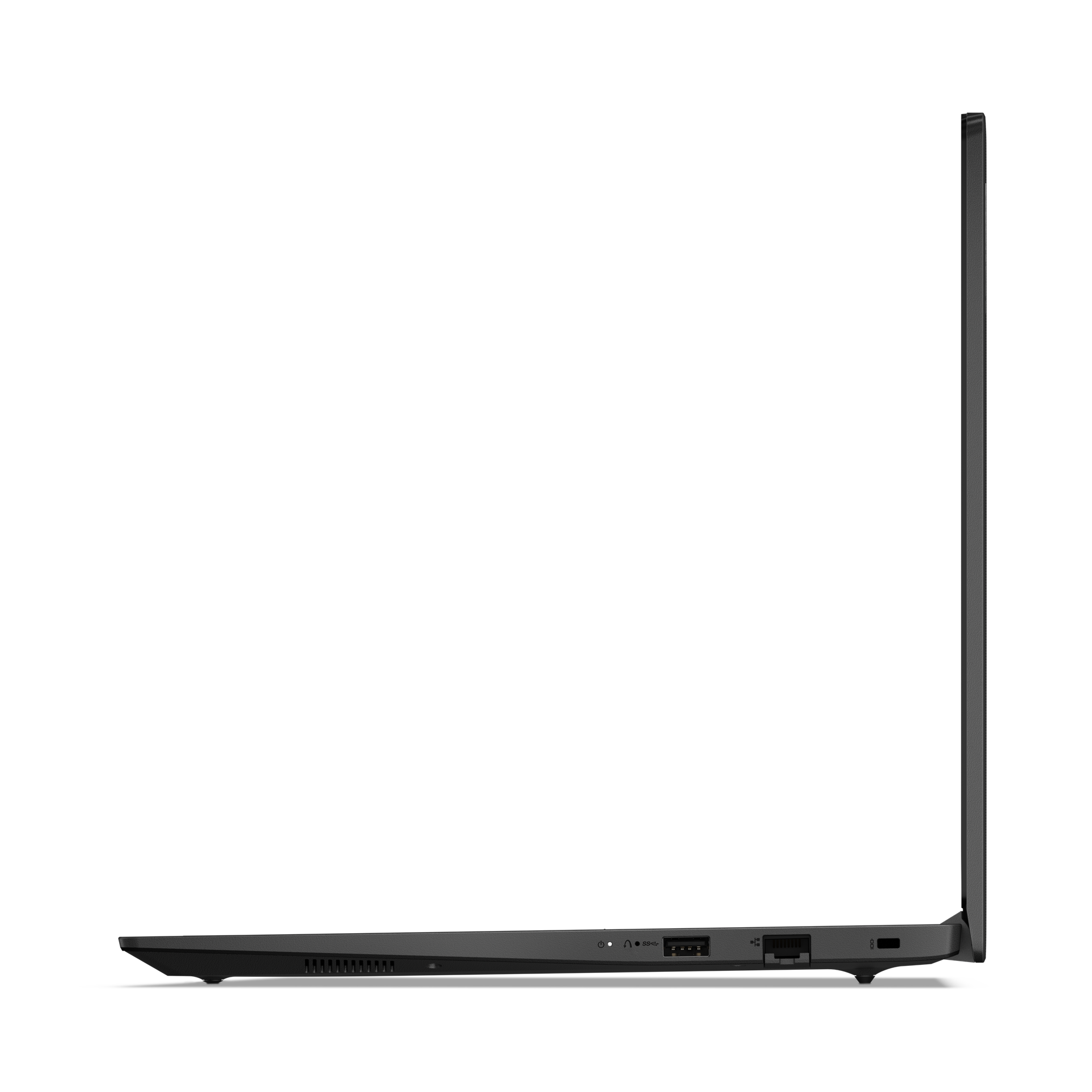 Seitenansicht eines schwarzen Laptops. Er ist geschlossen und zeigt Anschlüsse und Lüftungsschlitze. Der Hintergrund ist schwarz.