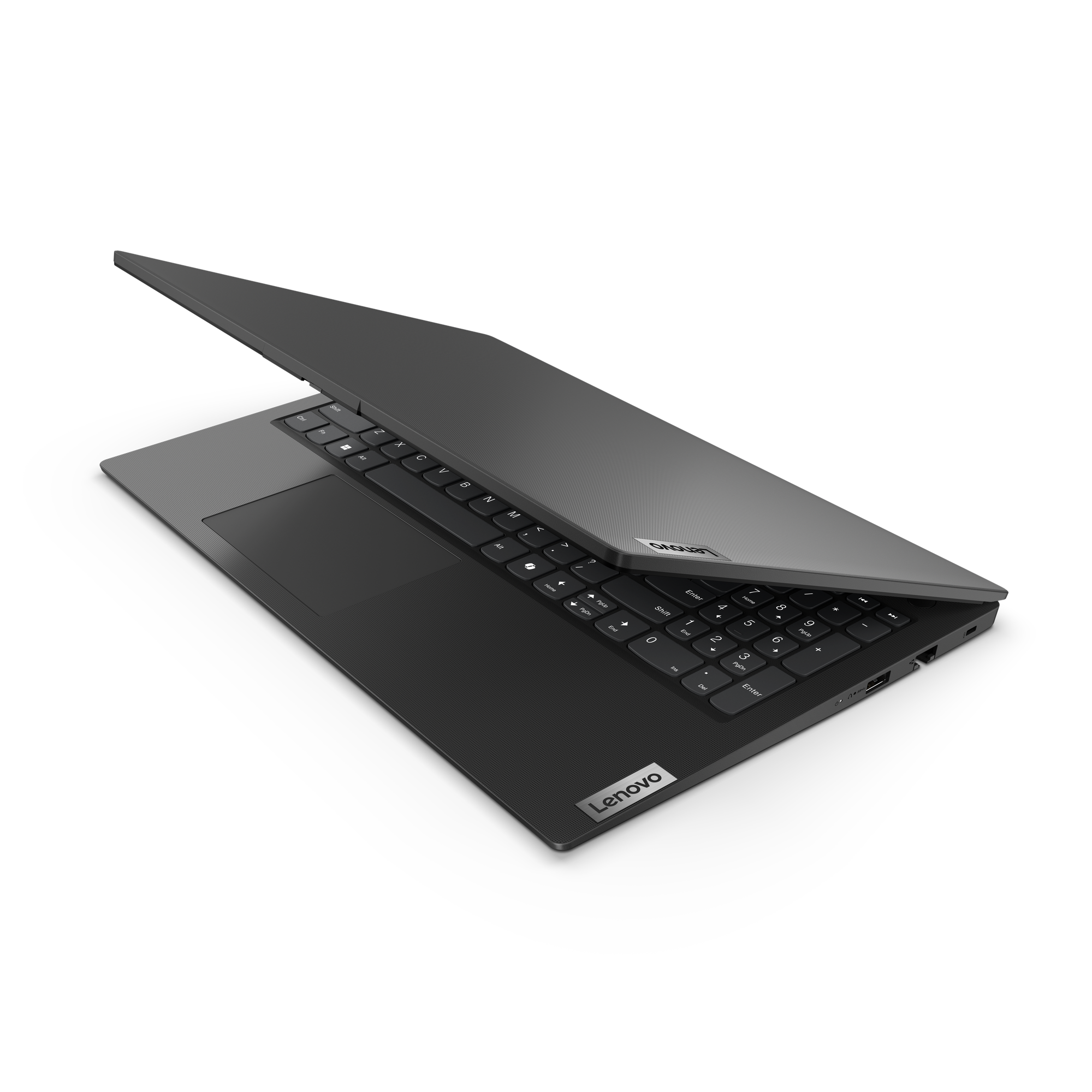 Ein geöffneter Lenovo-Laptop auf schwarzem Hintergrund. Die Tastatur ist sichtbar, mit dem Lenovo-Logo.