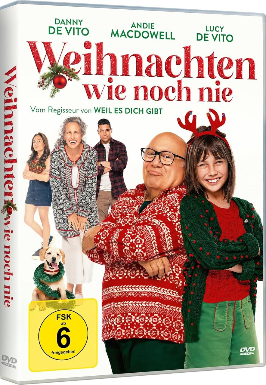 DVD-Cover für 'Weihnachten wie noch nie'. Mit Danny DeVito, Andie MacDowell und Lucy DeVito. Festliches Thema.