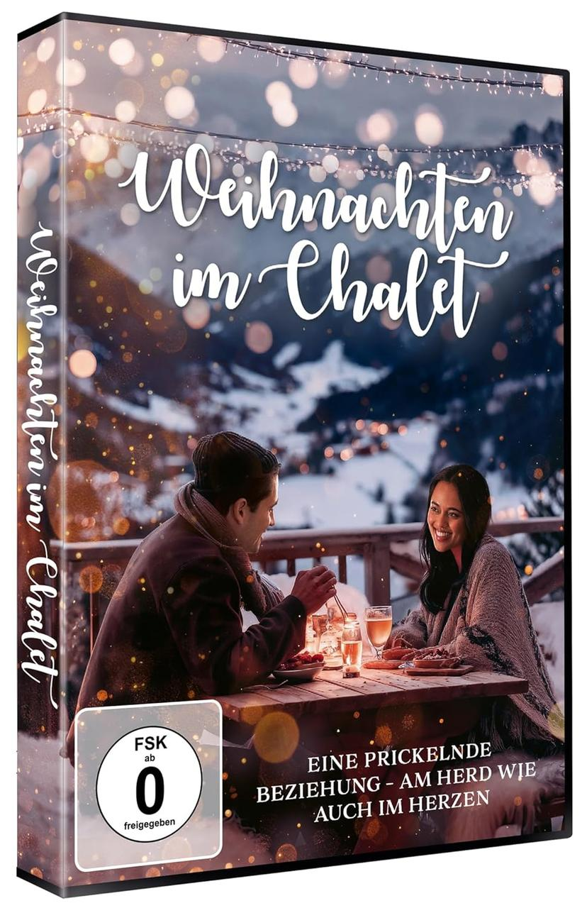 DVD-Cover für 'Weihnachten im Chalet'. Ein Paar genießt Getränke an einem Tisch. Schneebedeckte Berge sind im Hintergrund.