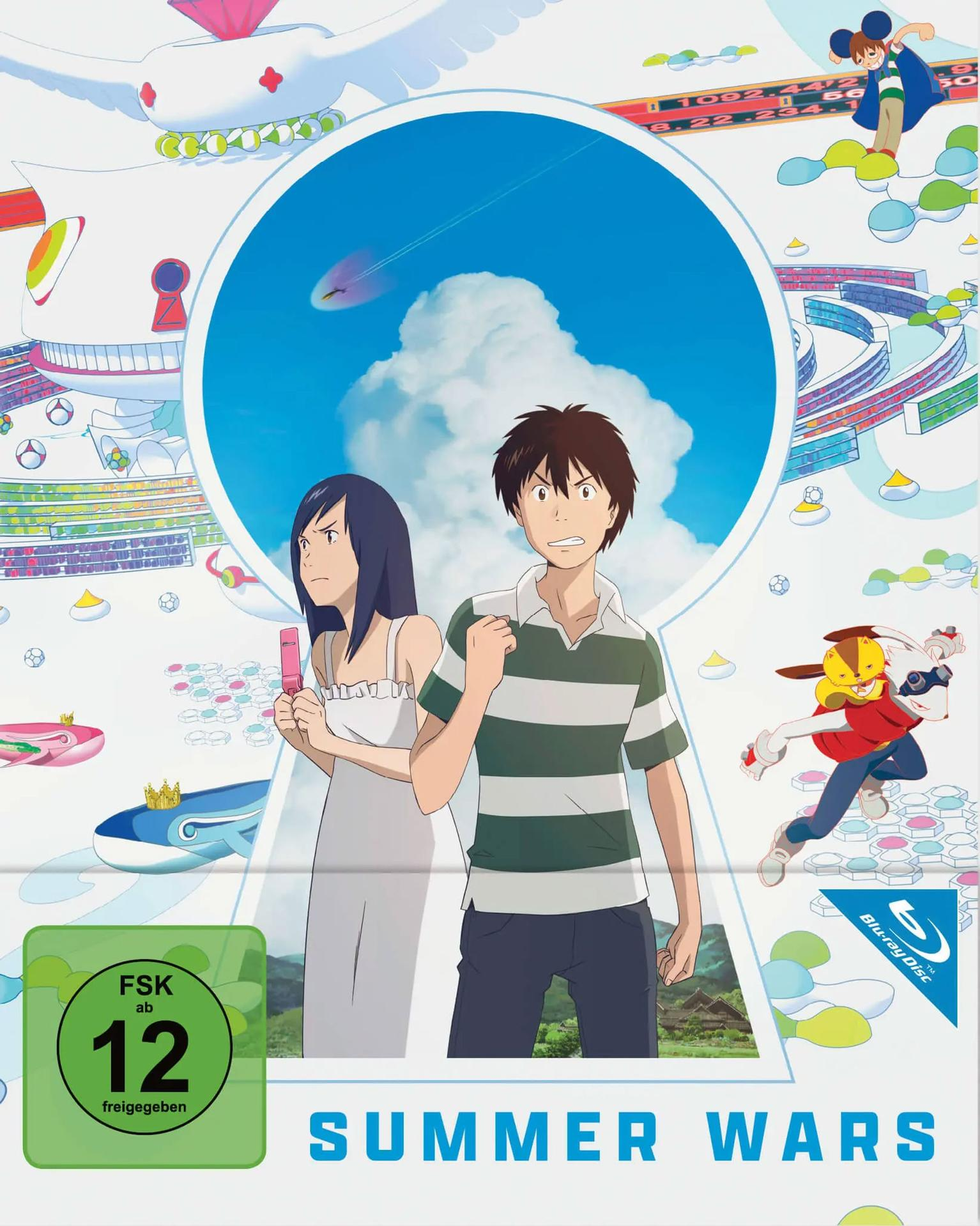 Anime-Filmcover. Ein Mann und eine Frau stehen vor einem blauen Himmelportal. Charaktere und fantastische Elemente umgeben sie.