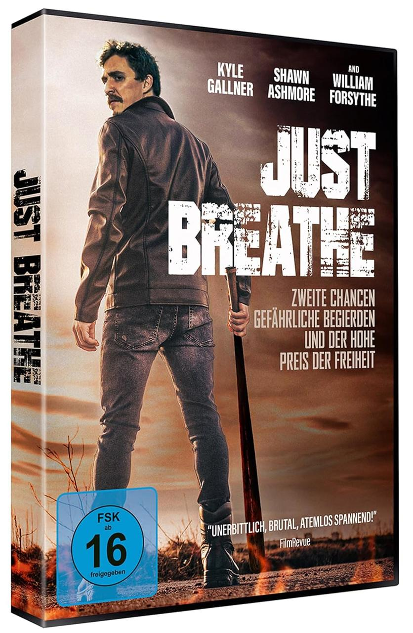 DVD-Cover von "Just Breathe". Ein Mann mit Schläger steht auf einer Straße. Titel und Schauspieler sind abgebildet.