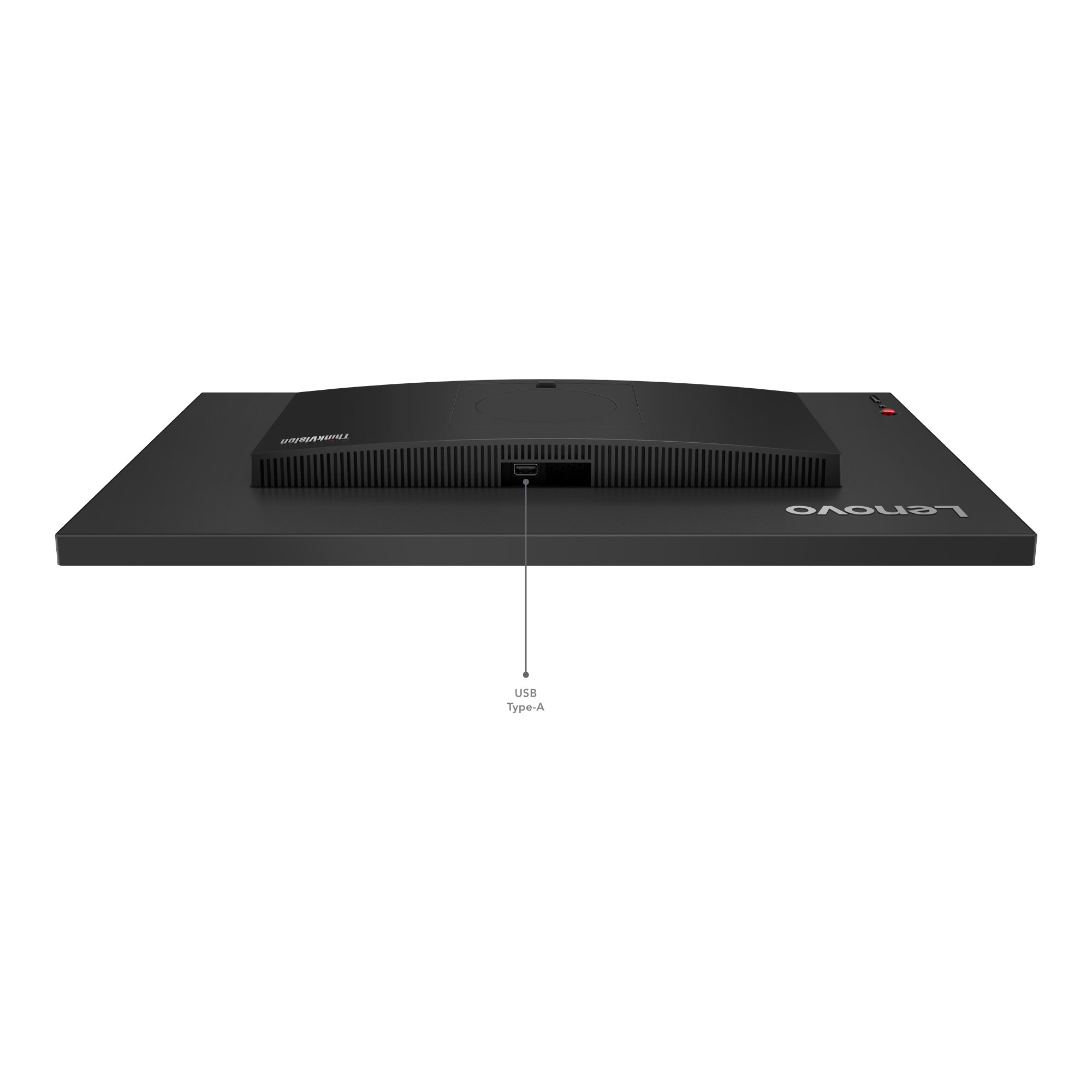 Ein schwarzer Lenovo-Monitor. Die Vorderseite verfügt über einen USB-Anschluss. Der Monitor steht auf einer schwarzen Oberfläche.