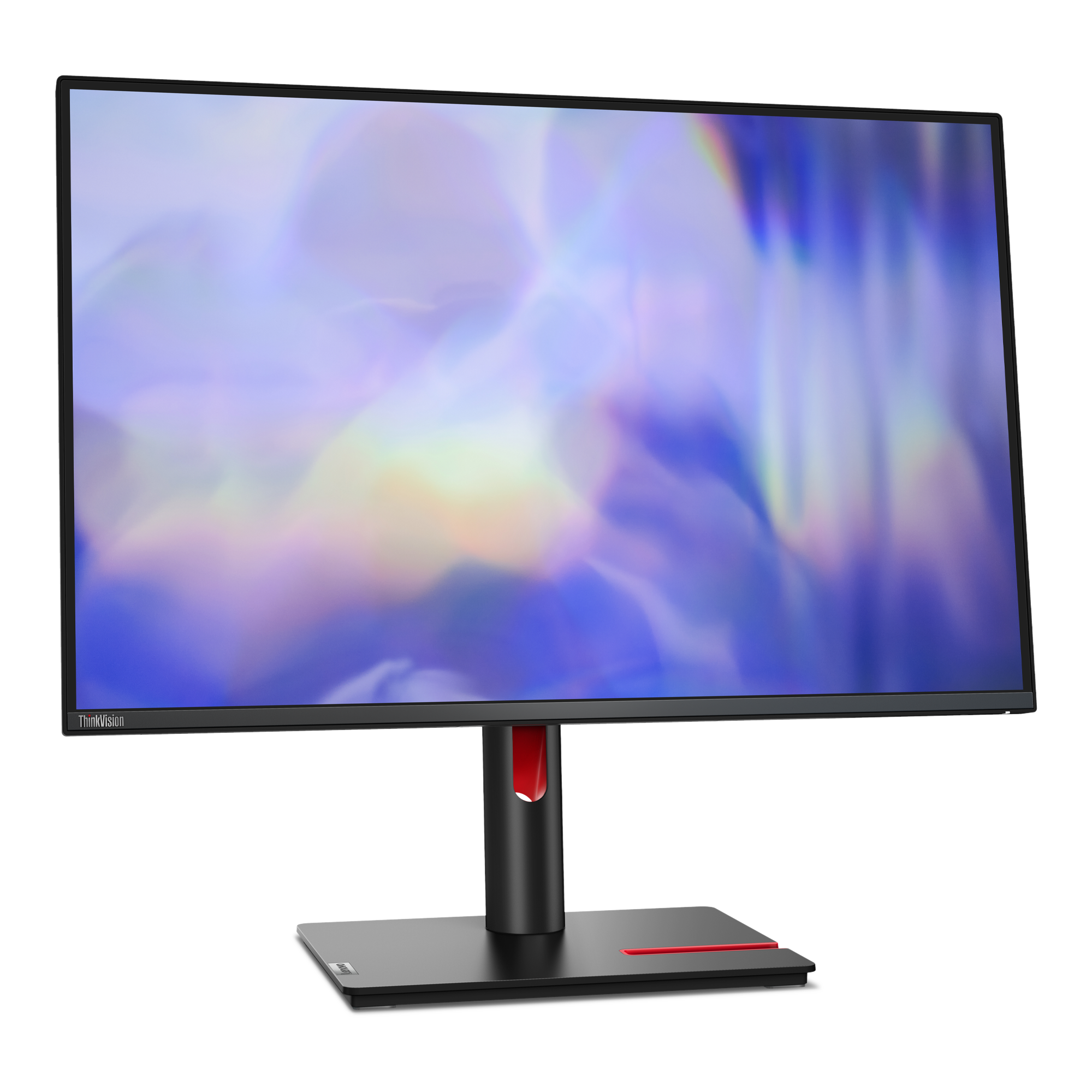 Ein ThinkVision-Monitor zeigt ein verschwommenes, farbenfrohes Bild. Der Monitor ist schwarz mit roter Akzent am Ständer.