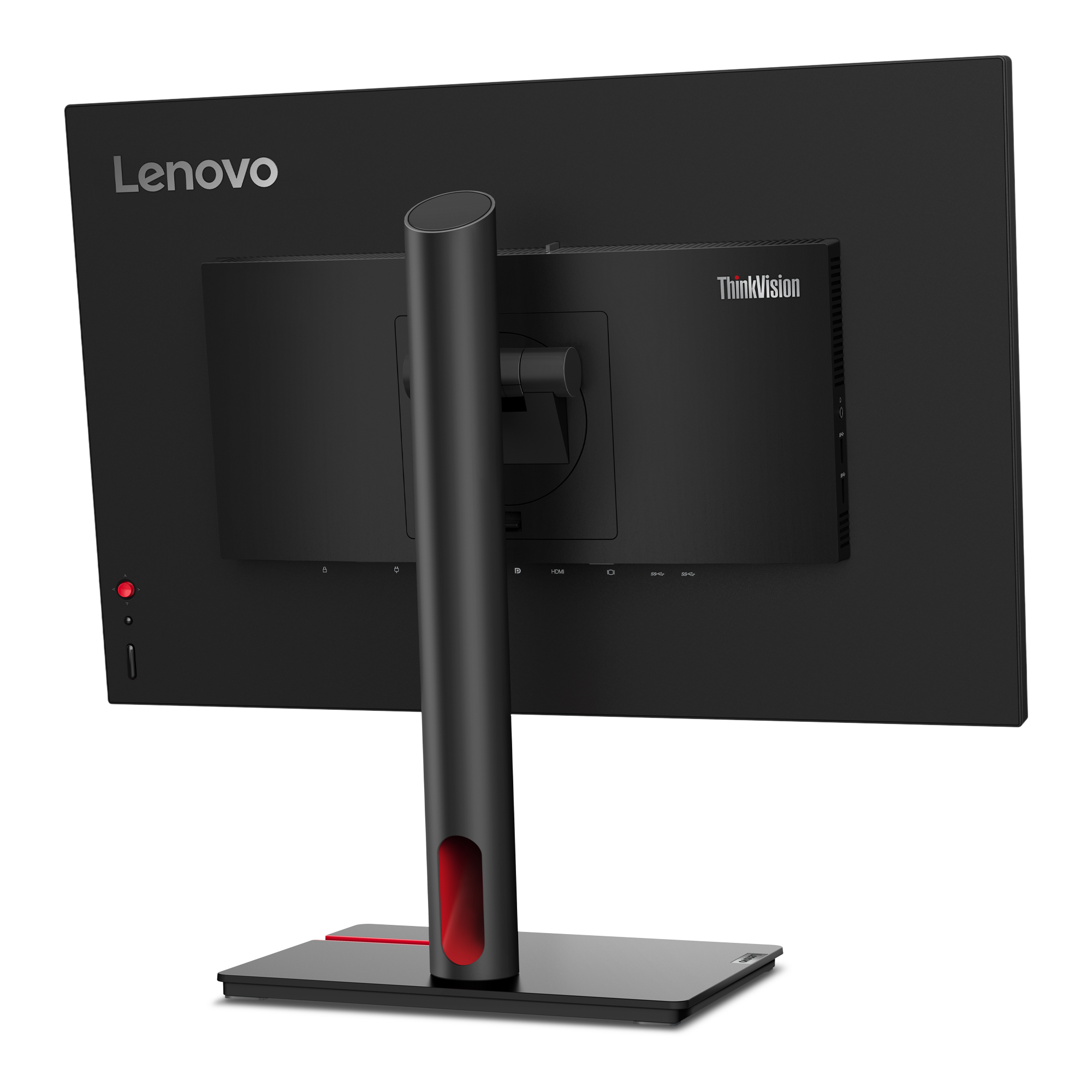 Rückseite eines schwarzen Lenovo-Monitors mit Ständer. Der Ständer hat einen roten Akzent. Das ThinkVision-Logo ist sichtbar.
