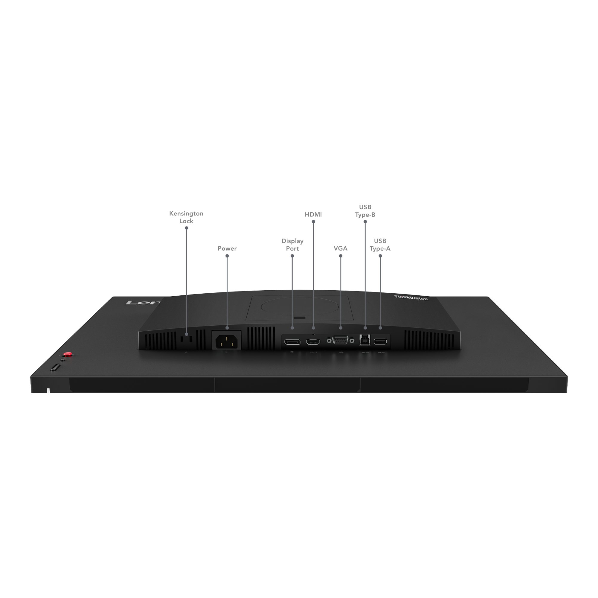 Rückseite des schwarzen Lenovo-Monitors mit Strom-, HDMI-, VGA-, USB- und Netzwerkanschlüssen. Roter Einschaltknopf links.