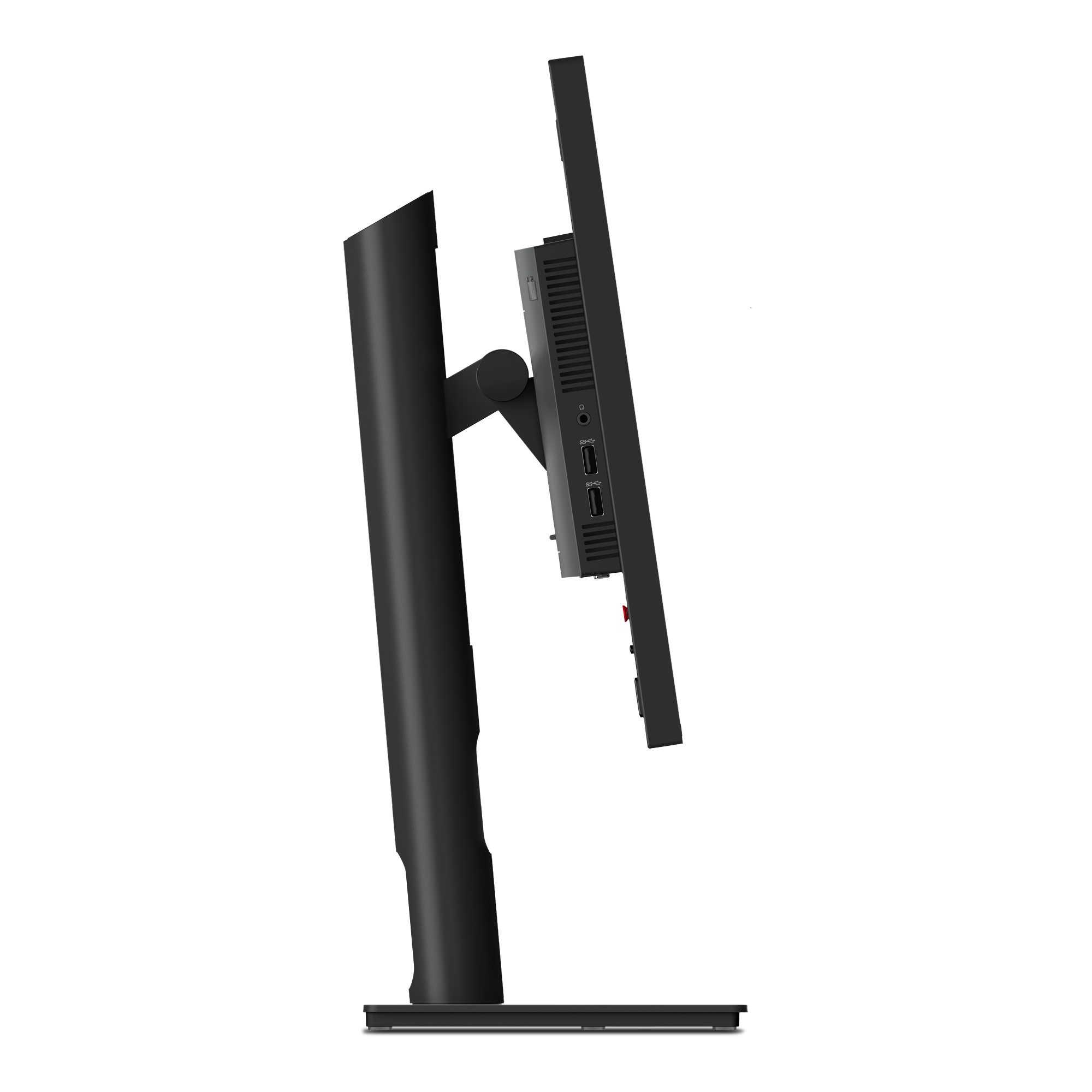 Schwarzer Computermonitor von der Seite mit Anschlüssen und Knöpfen. Der Ständer ist ebenfalls schwarz.
