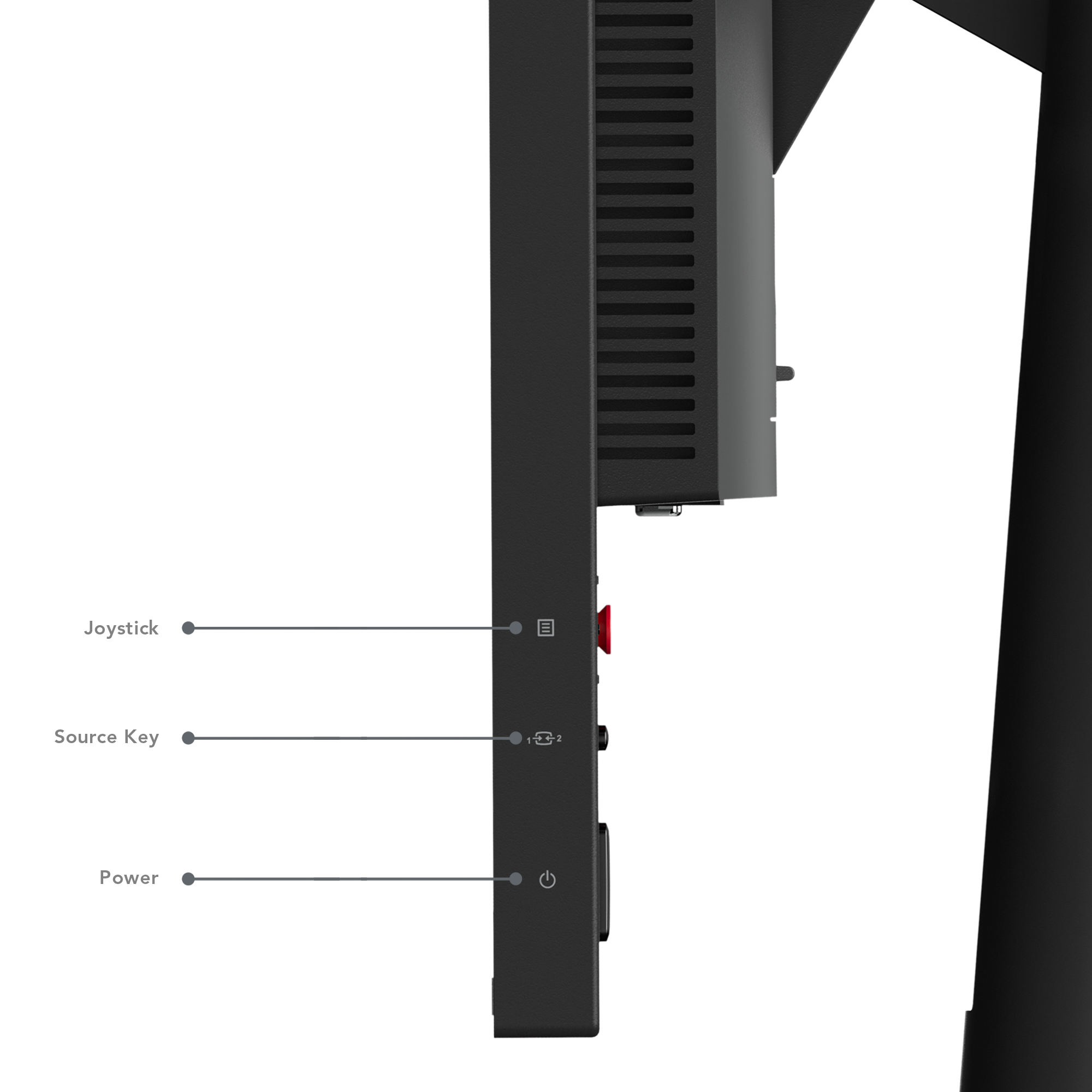 Seitenansicht eines schwarzen Monitors, roter Joystick, Quelltaste und Ein-/Aus-Taste.