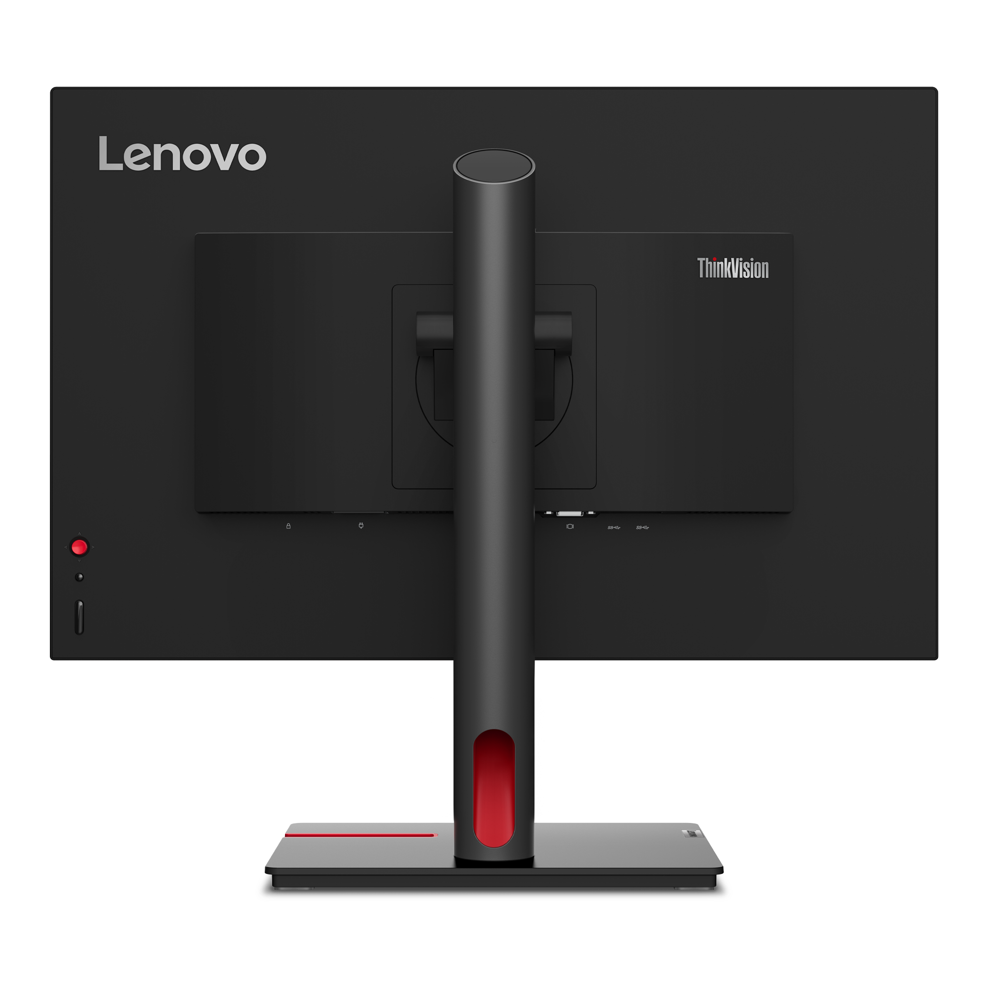 Rückseite eines schwarzen Lenovo ThinkVision Monitors. Merkmale sind das Lenovo-Logo, ein Ständer und Anschlüsse.