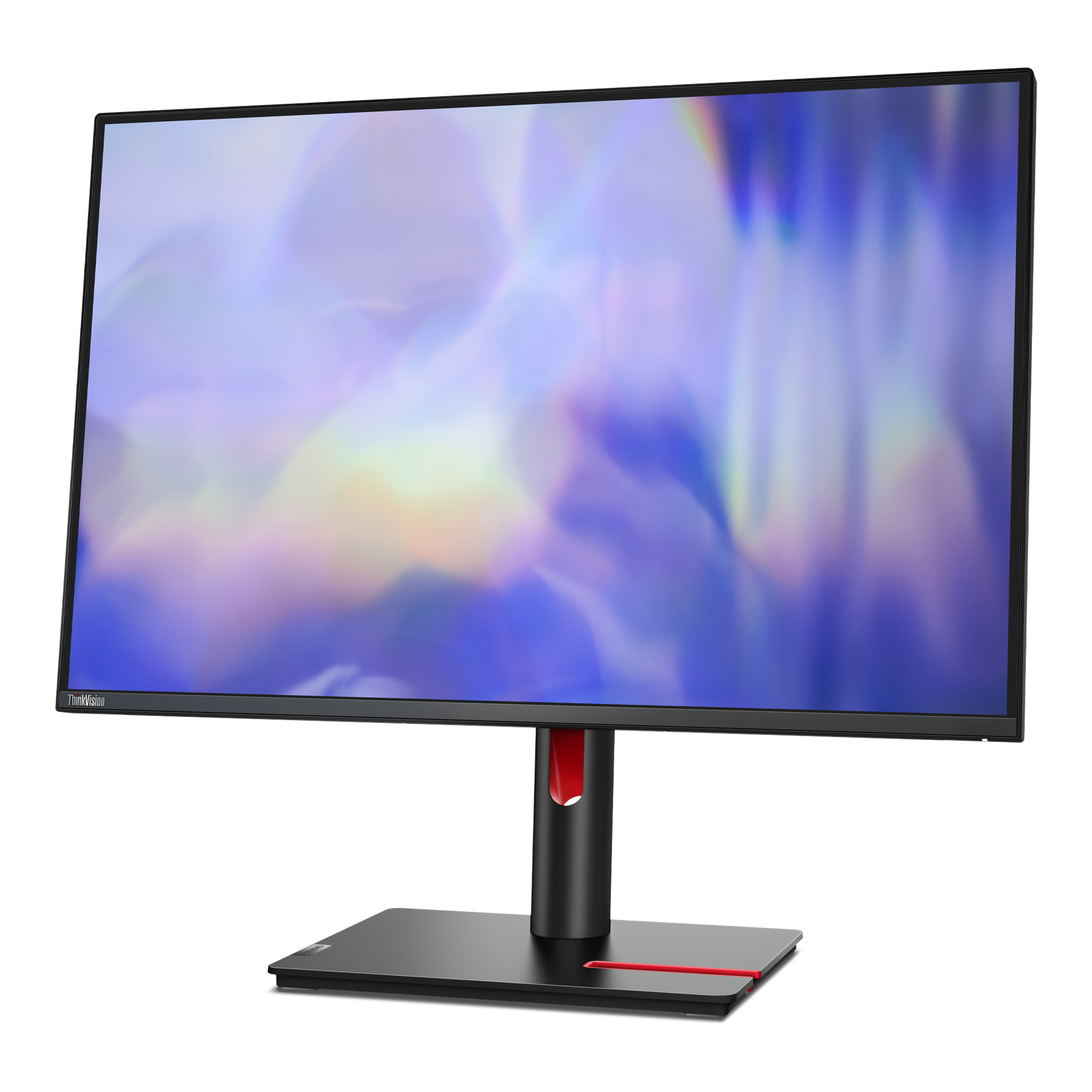 Ein ThinkVision-Monitor. Er hat einen schwarzen Rahmen, einen schwarzen Ständer mit roter Akzentuierung und ein farbenfrohes Display.