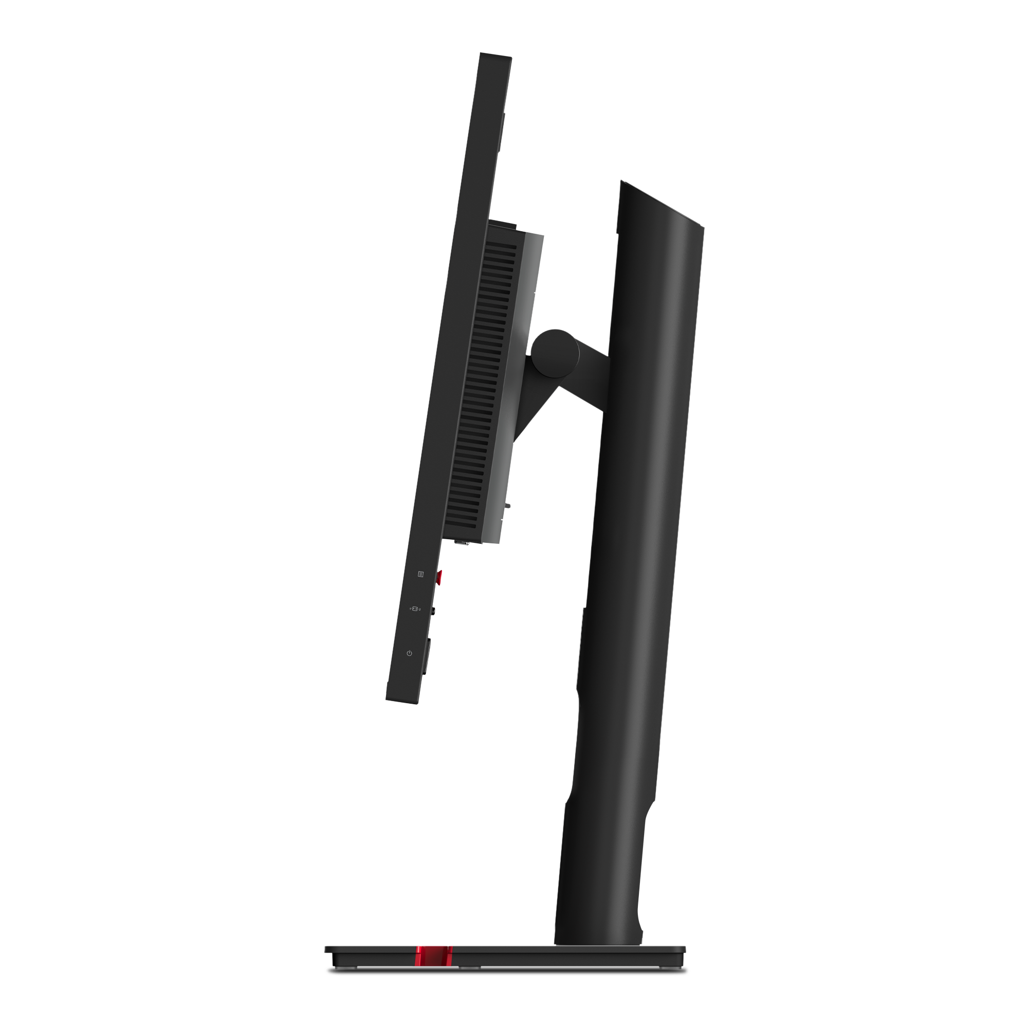 Ein schwarzer Computermonitor wird von der Seite gezeigt. Er hat einen Ständer und befindet sich vor einem weißen Hintergrund.