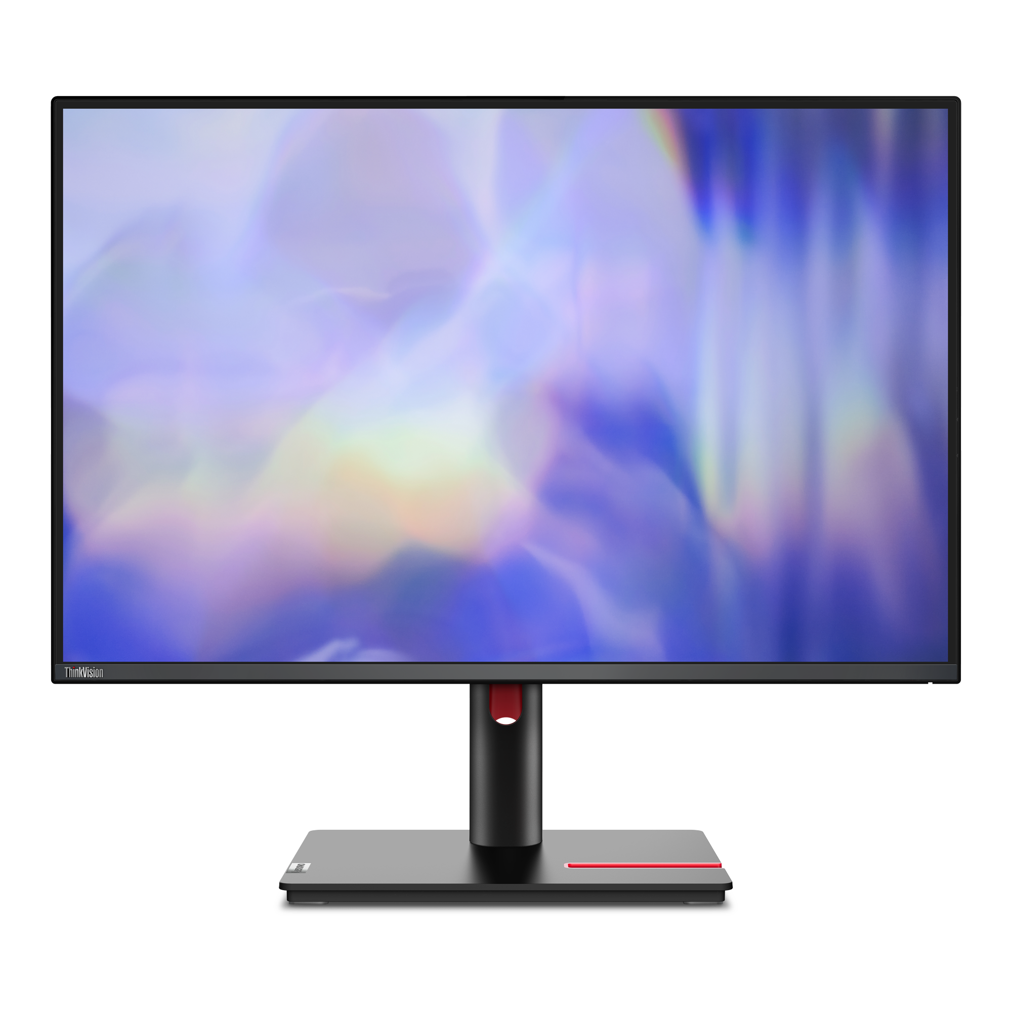 Ein schwarzer ThinkVision-Monitor. Der Bildschirm zeigt einen verschwommenen, farbenfrohen Hintergrund. Der Ständer ist schwarz mit rotem Akzent.