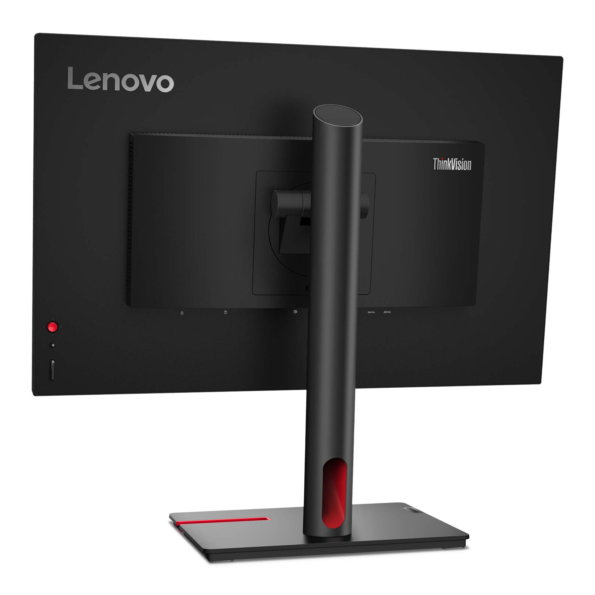 Rückansicht eines schwarzen Lenovo ThinkVision-Monitors mit Ständer. Ständer und Basis sind schwarz, mit roten Akzenten.