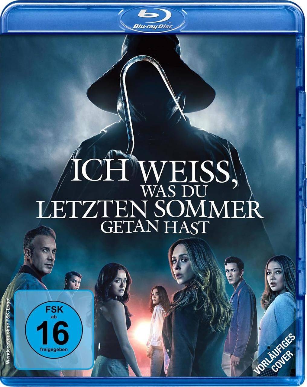 Blu-ray-Cover mit Kapuzenfigur mit Haken, Titel "Ich Weiss, Was Du Letzten Sommer Getan Hast" und Personengruppe.