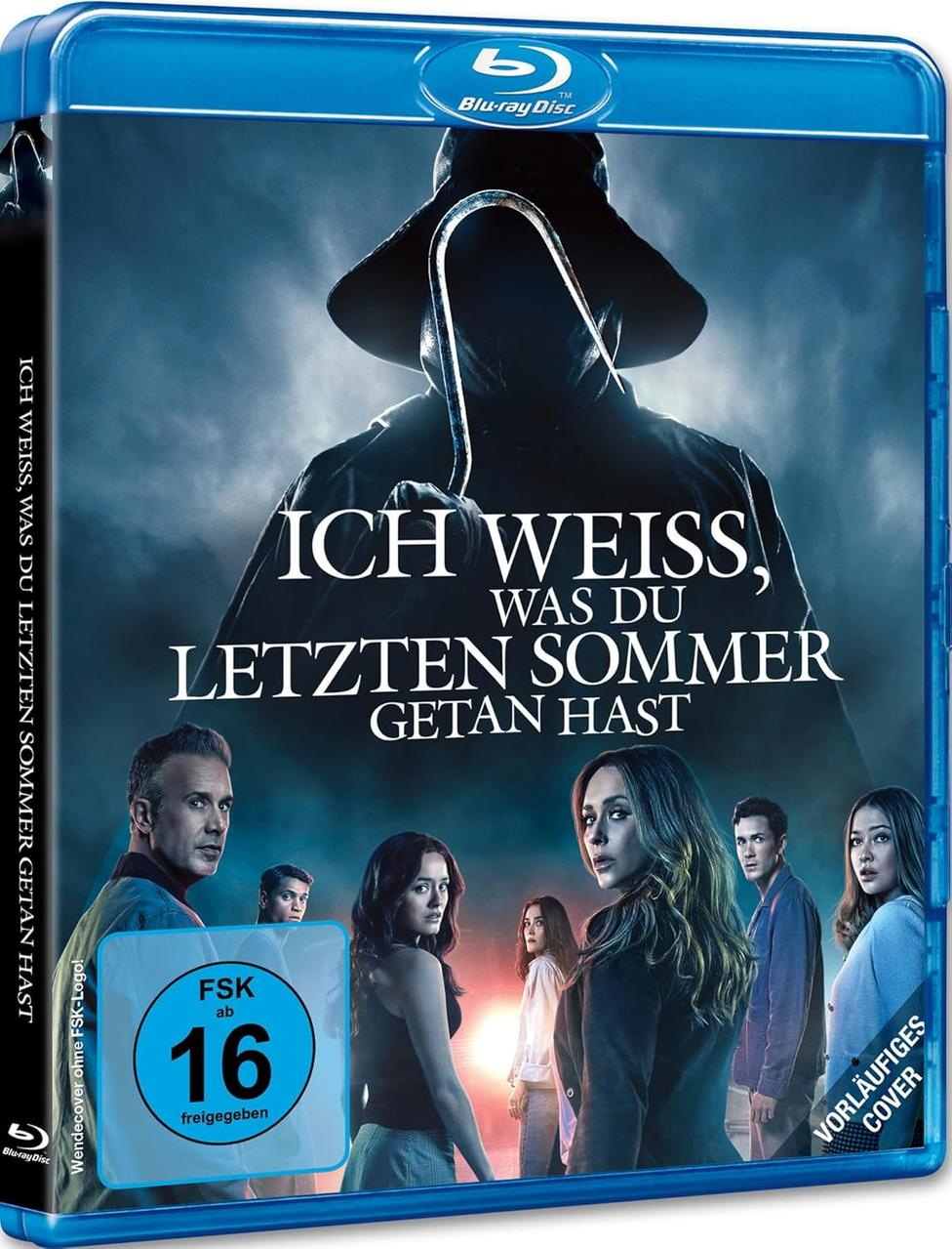 Blu-ray-Cover für 'Ich weiß, was du letzten Sommer getan hast'. Es zeigt eine dunkle Gestalt mit einem Haken und eine Gruppe von Leuten.