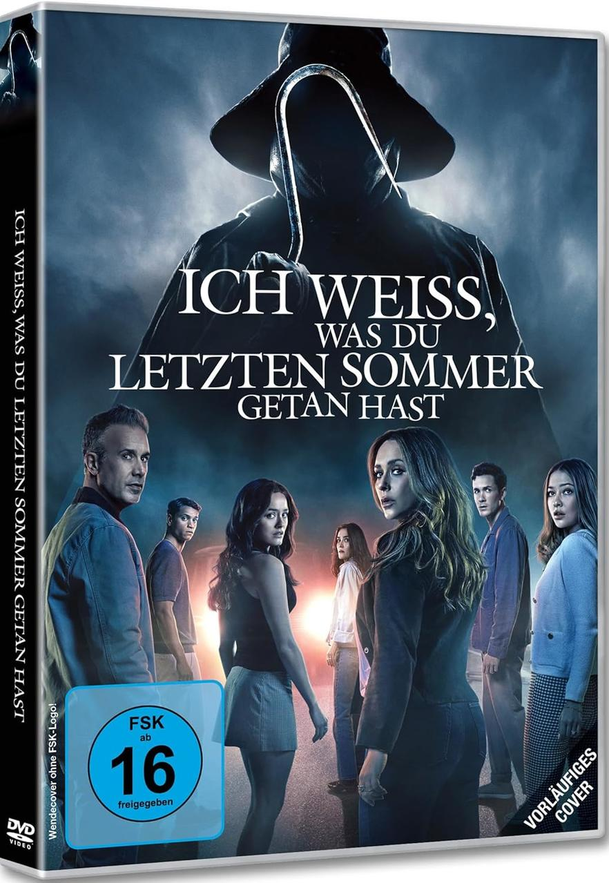 Filmcover. Eine Kapuzenfigur hält einen Haken. Gruppe von Leuten. Titel lautet 'Ich weiß, was du letzten Sommer getan hast'.