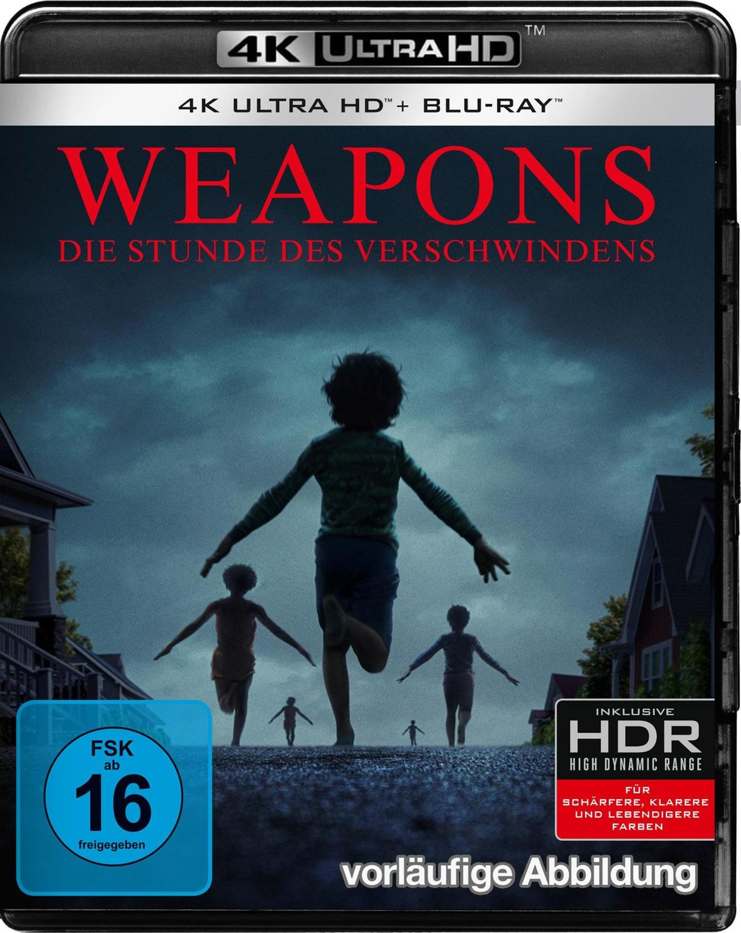 Filmposter mit laufenden Kinder-Silhouetten. Roter Titel 'WEAPONS'. Blu-ray und 4K Ultra HD. Blauer Kreis mit '16'.