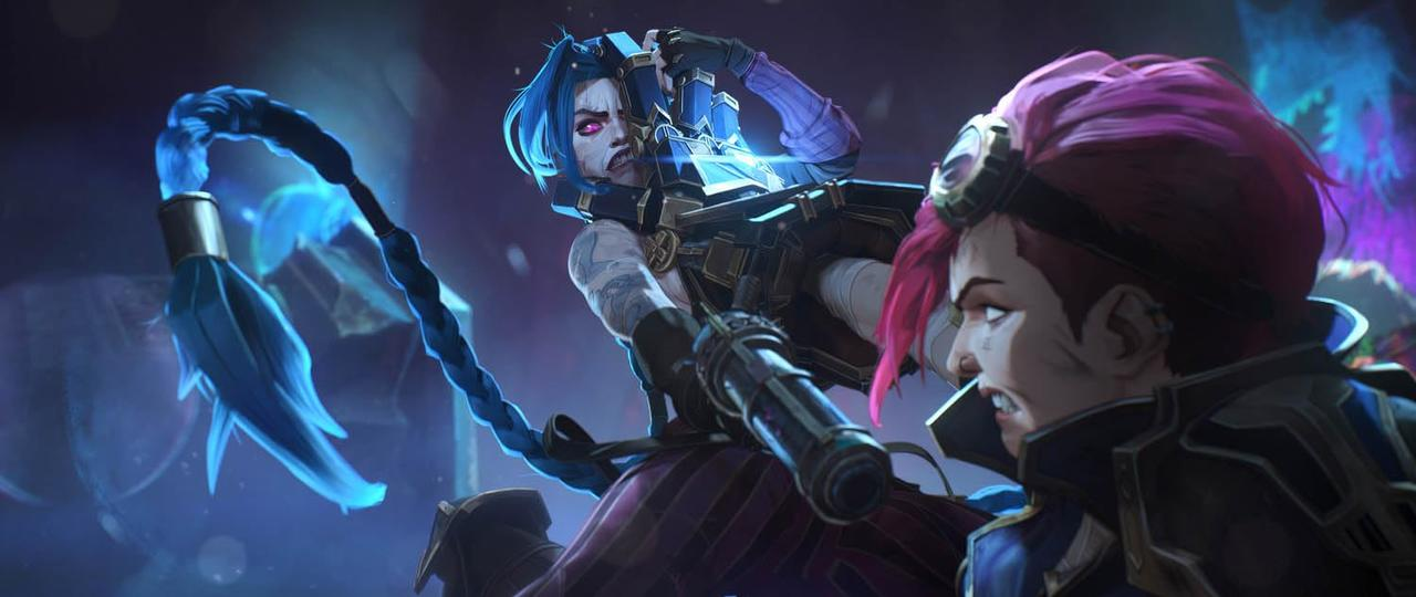 Zwei weibliche Charaktere stehen sich gegenüber, einer mit blauen Haaren und einer Waffe, die andere mit rosa Haaren und Schutzbrille.