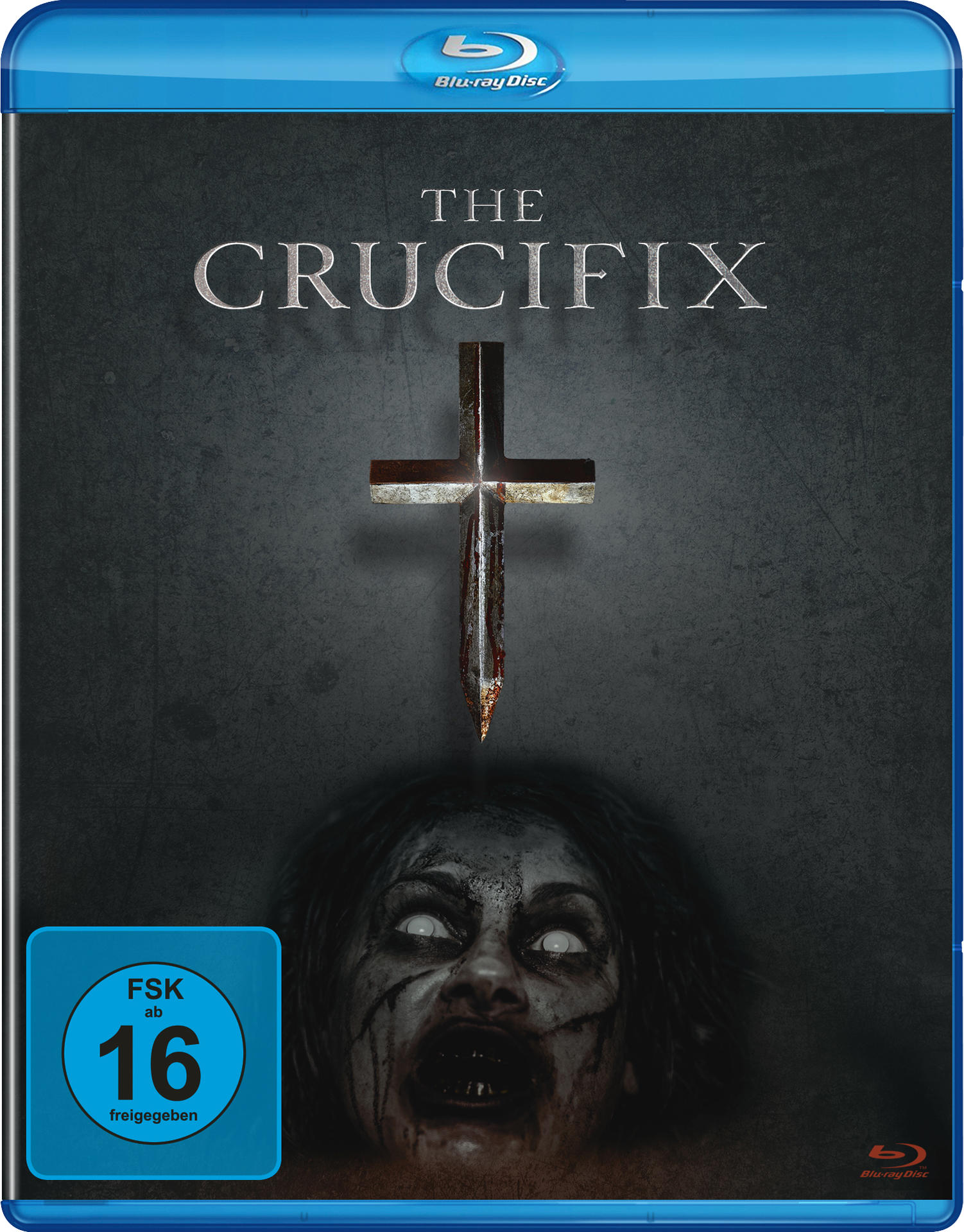 Filmcover für 'The Crucifix'. Ein Kreuz senkt sich auf das Gesicht einer Frau. Der Film ist ab 16 Jahren freigegeben.