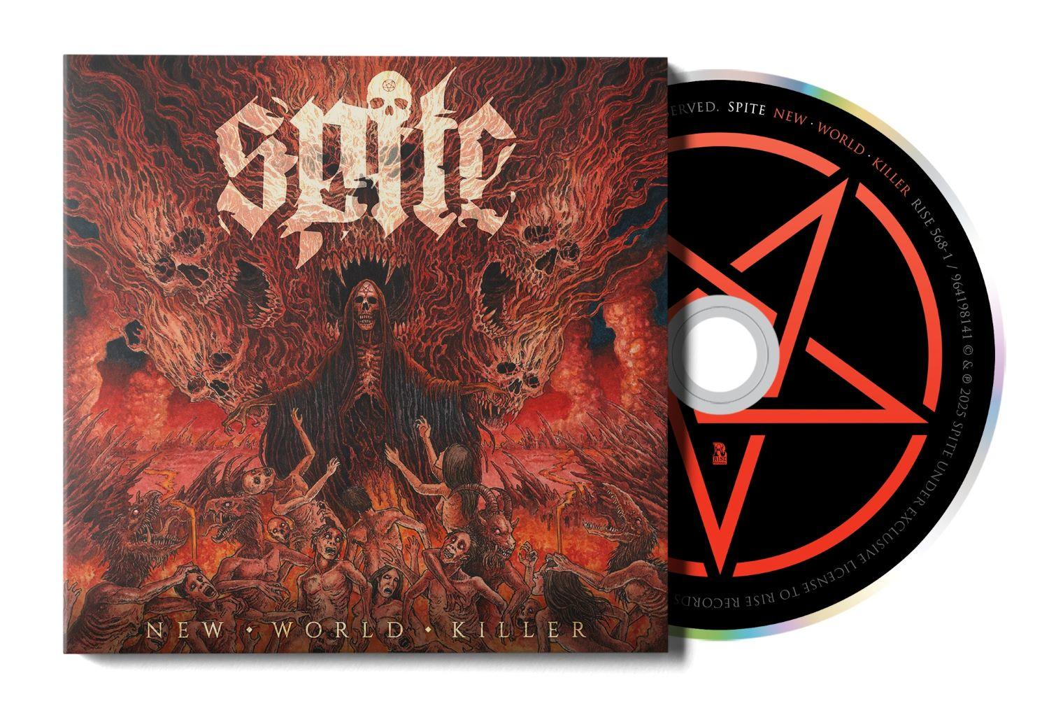 Albumcover mit Schädelkunstwerk und CD. Das Cover zeigt eine Skelettfigur, Schädel und Figuren in einer feurigen Szene.