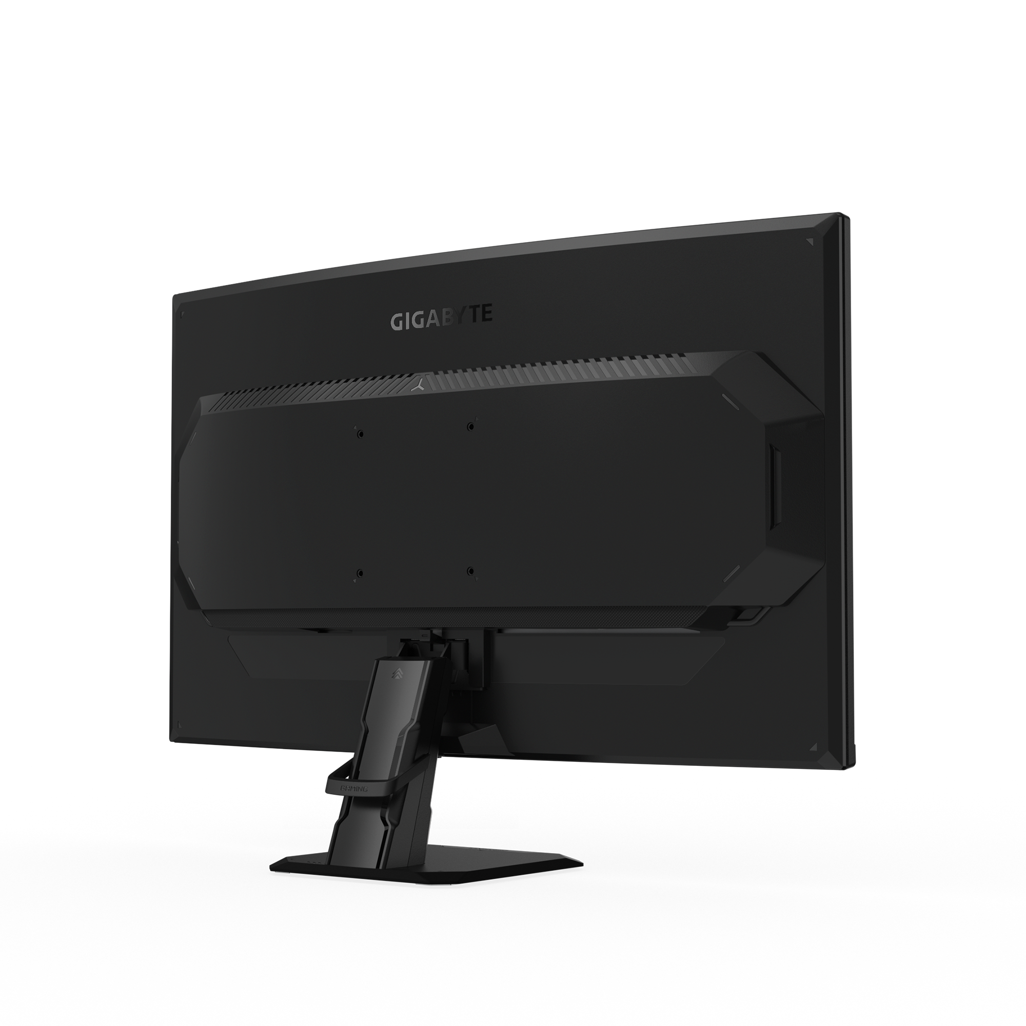 Rückansicht eines schwarzen Gigabyte-Gaming-Monitors. Der Ständer ist sichtbar, mit dem Markennamen oben. Der Bildschirm ist aus.