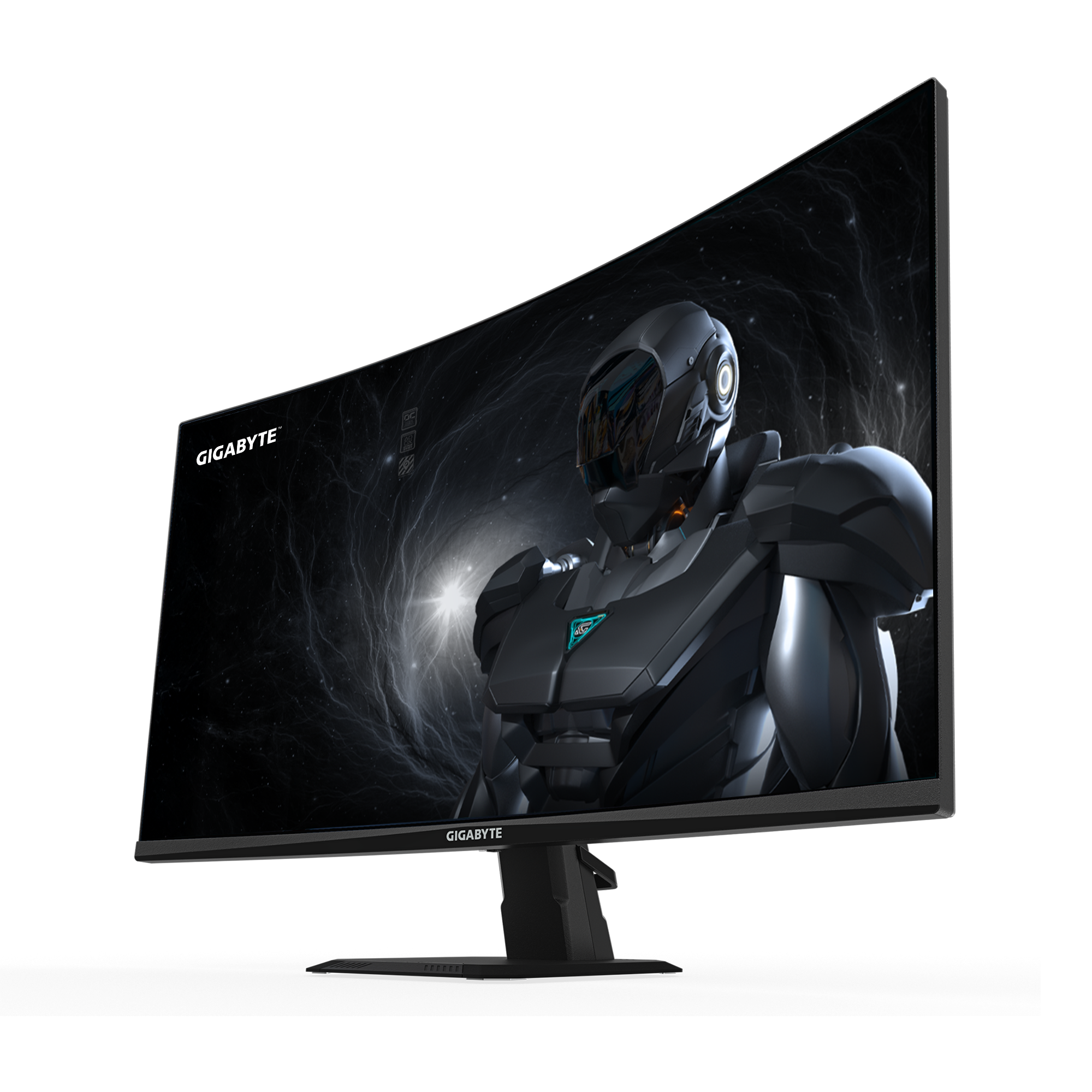 Gebogener Gigabyte-Monitor zeigt einen futuristischen Roboter auf einem Weltraumhintergrund. Der Monitor ist schwarz.