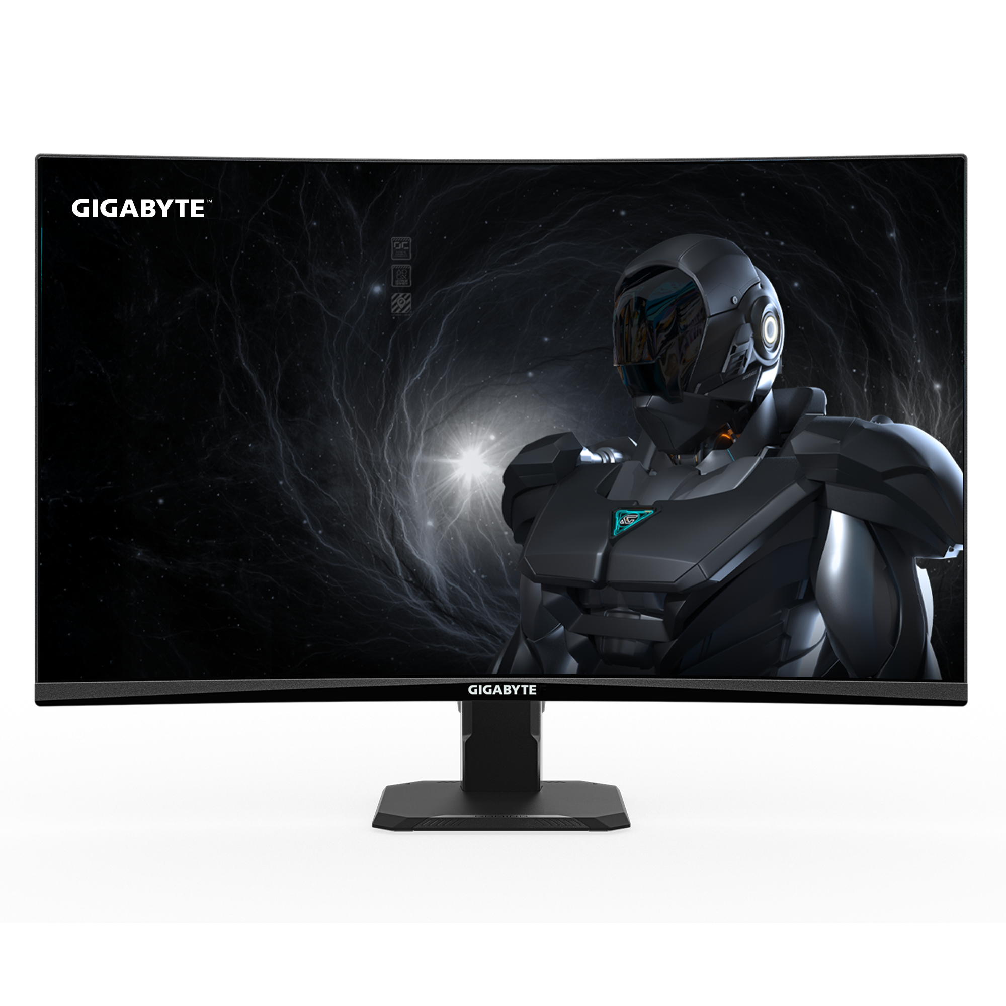 Gekrümmter Gigabyte-Monitor. Zeigt eine Weltraumszene mit einer futuristischen, gepanzerten Figur. Schwarz- und Grautöne dominieren.