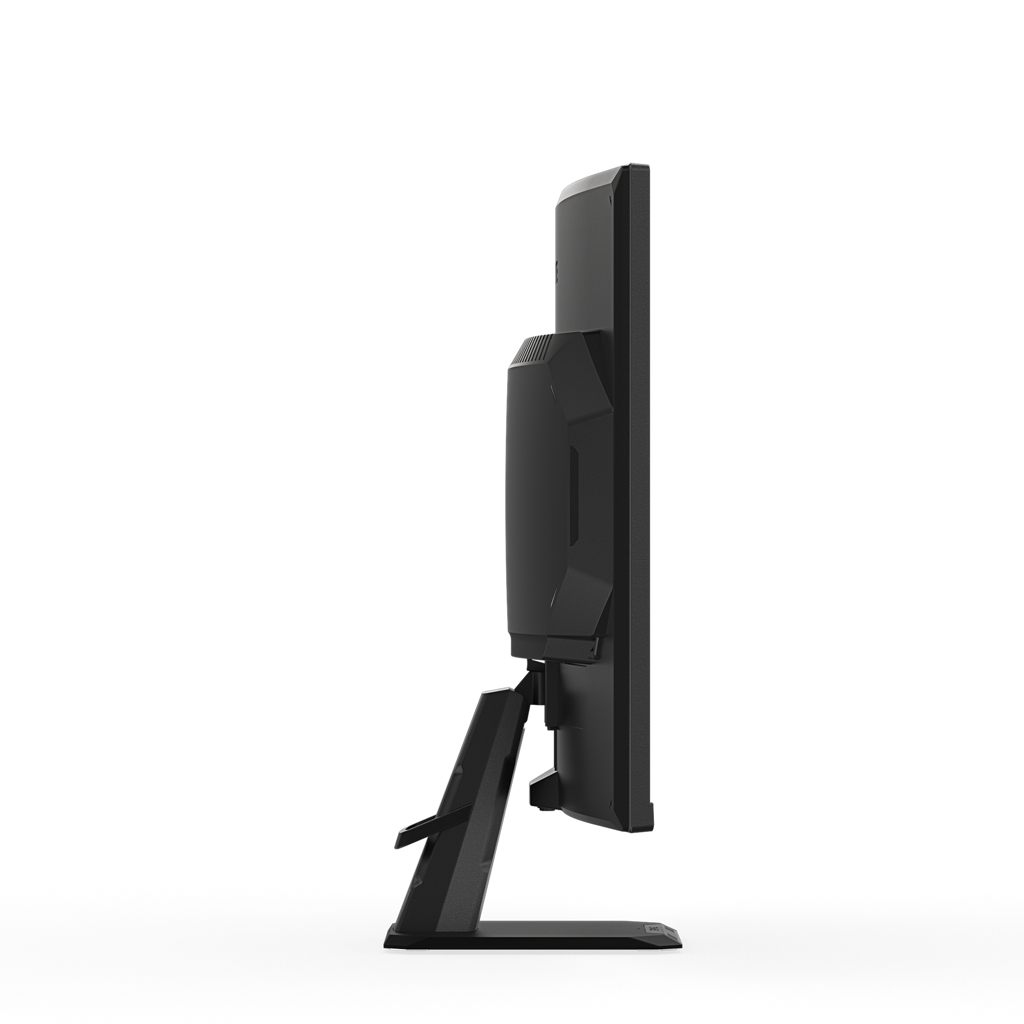Seitenansicht eines schwarzen Computermonitors auf einem Ständer. Der Bildschirm ist dunkel. Der Hintergrund ist weiß und grau.