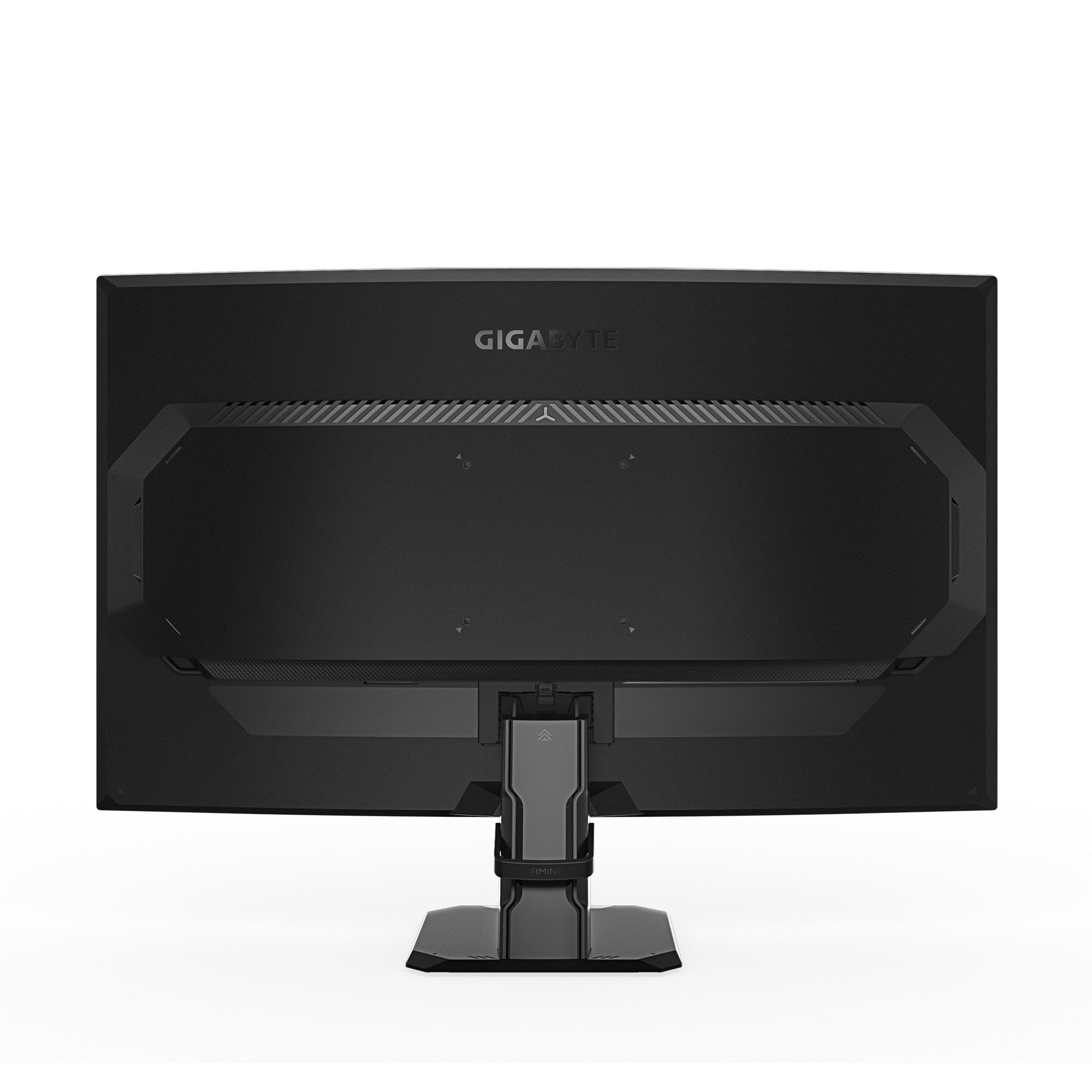 Schwarzer Gigabyte-Monitorrücken. Er hat einen Ständer, den Markennamen und ein eckiges Design. Die Rückseite ist dunkelgrau.