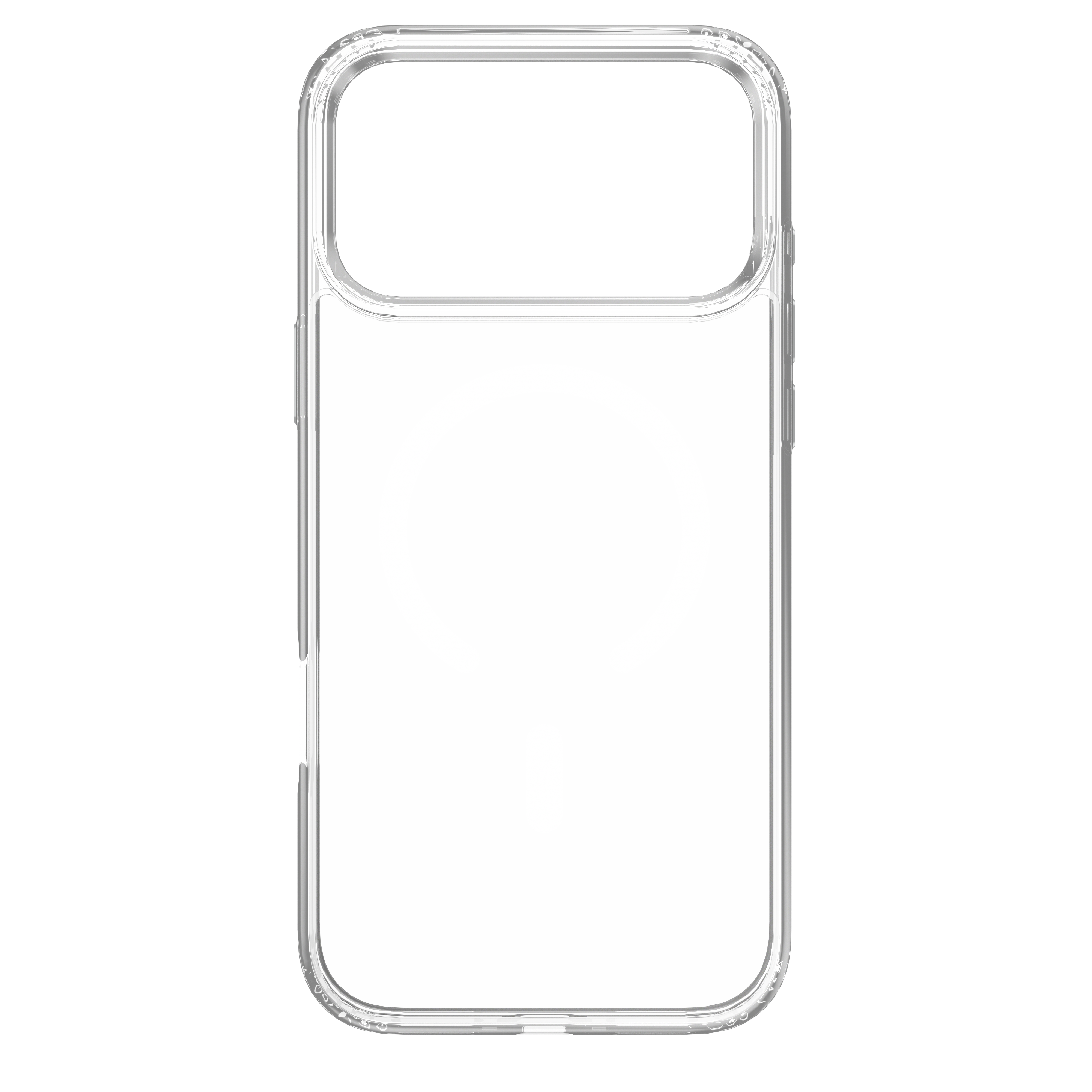 Eine transparente, transparente Handyhülle, die für ein Telefon entworfen wurde, ist vor weißem Hintergrund zentriert.