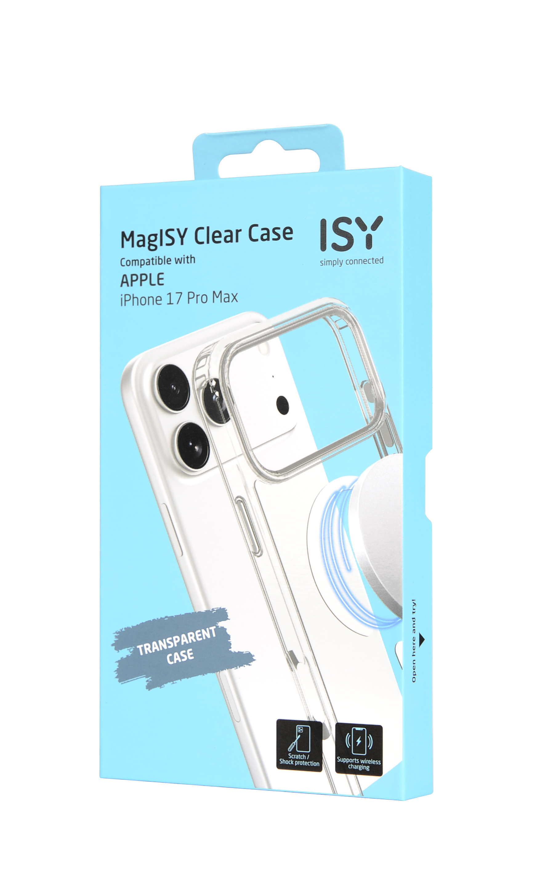 Produktbox für eine transparente iPhone-Hülle. Die Box ist hellblau mit einem Telefonbild und Textbeschreibungen.