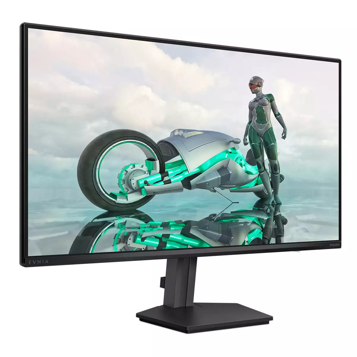 Ein Monitor zeigt eine futuristische Szene mit einer Frau und einem Motorrad. Die Frau trägt einen grünen Anzug. Das Motorrad ist silber und grün.