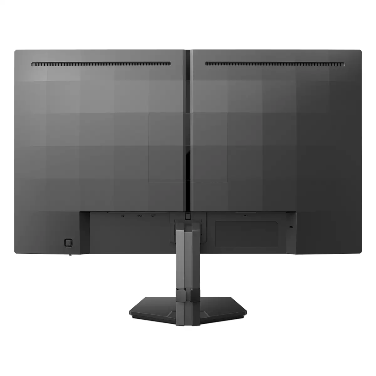 Rückansicht eines schwarzen Computermonitors. Es hat einen Ständer und verschiedene Anschlüsse. Der Bildschirm ist dunkel und rechteckig.