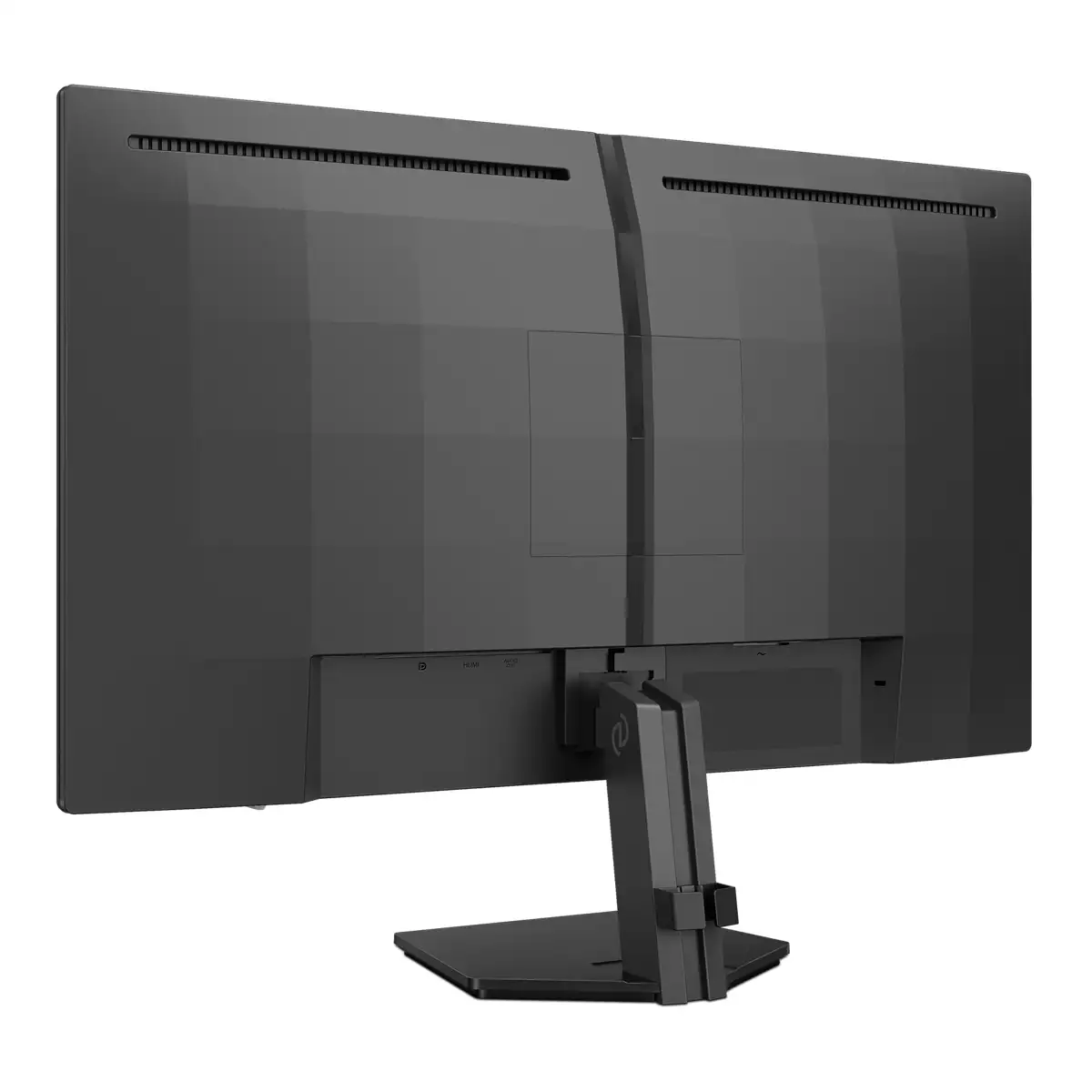 Rückansicht eines schwarzen Computermonitors mit Ständer. Er hat Anschlüsse für HDMI und Audio. Der Monitor steht vor weißem Hintergrund.