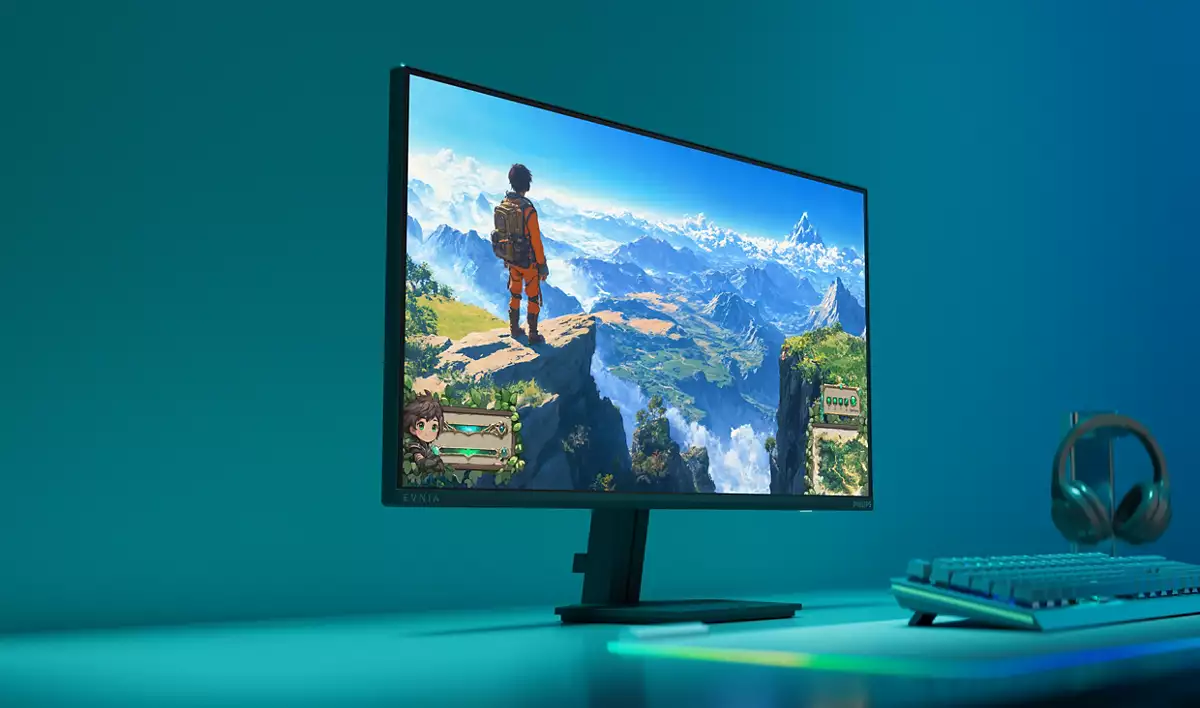 Ein Monitor zeigt eine Landschaftsszene. Daneben befinden sich eine Tastatur, Kopfhörer und ein blau-grüner Hintergrund.