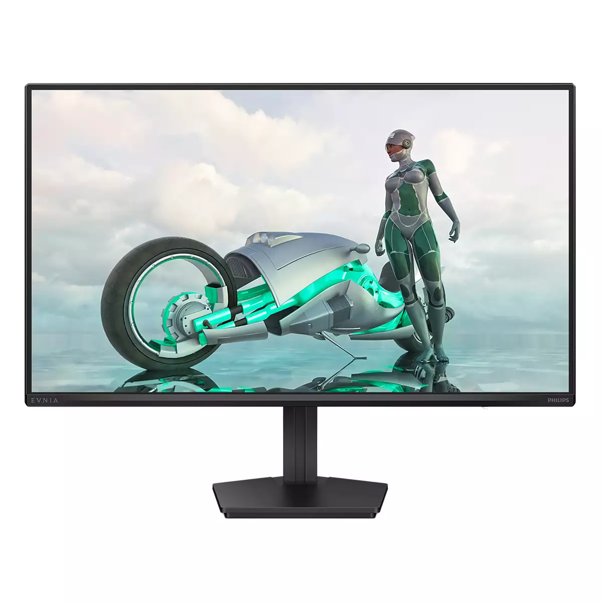 Ein Computermonitor zeigt eine futuristische Szene: eine Frau in einem grünen Anzug steht neben einem futuristischen Motorrad, vor einem wasserartigen Hintergrund.