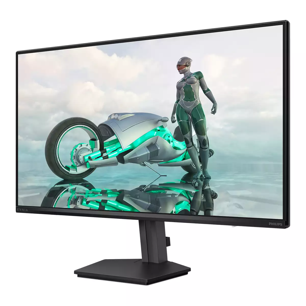 Ein Computermonitor zeigt ein futuristisches Bild einer Frau und eines Motorrads mit grünen und silbernen Akzenten vor einem bewölkten Himmel.