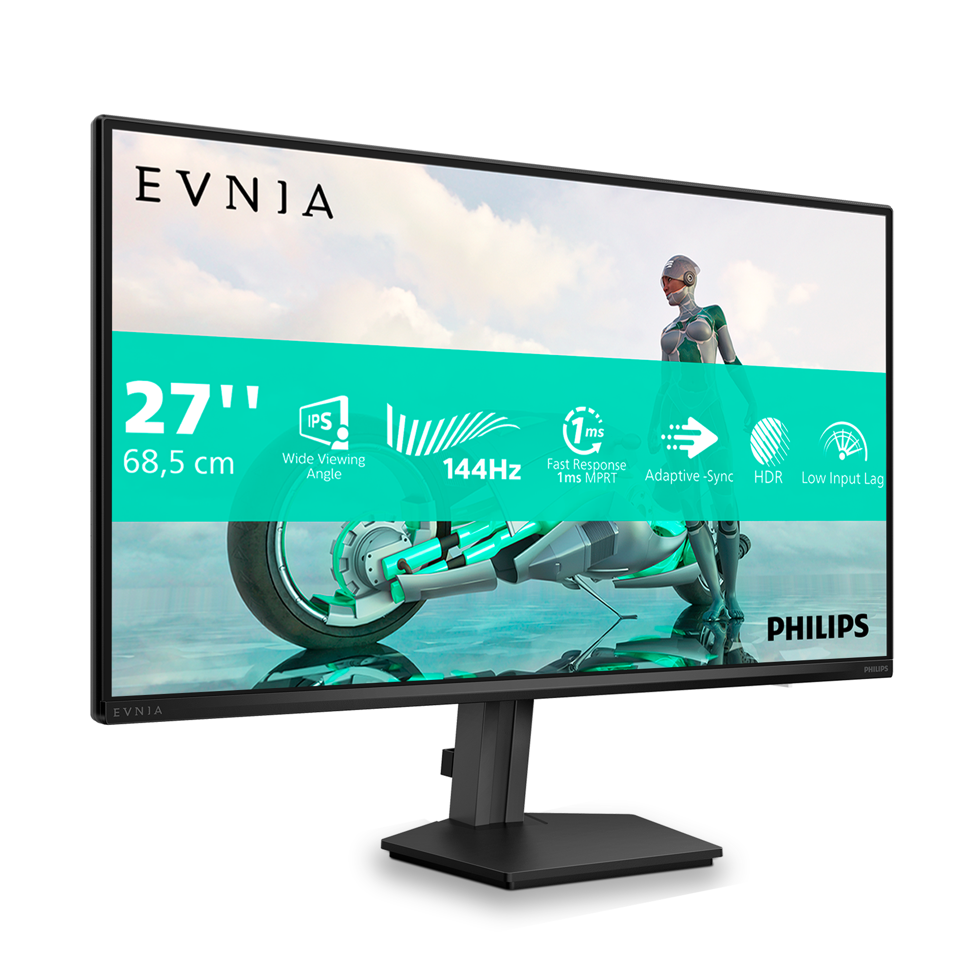 Ein Philips EVNIA 27-Zoll-Monitor zeigt eine futuristische Szene mit Motorrad und einer Figur in silbernem und grünem Anzug.