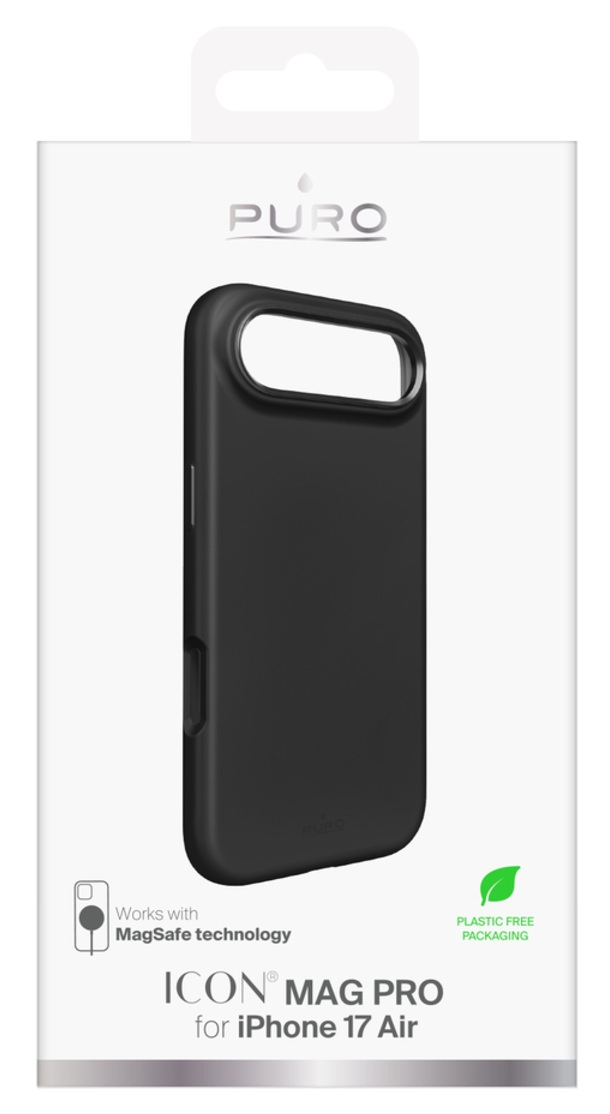 Czarny futerał na telefon, dla iPhone 17 Air, jest wyświetlany w opakowaniu. Opakowanie jest białe i ma logo Puro.
