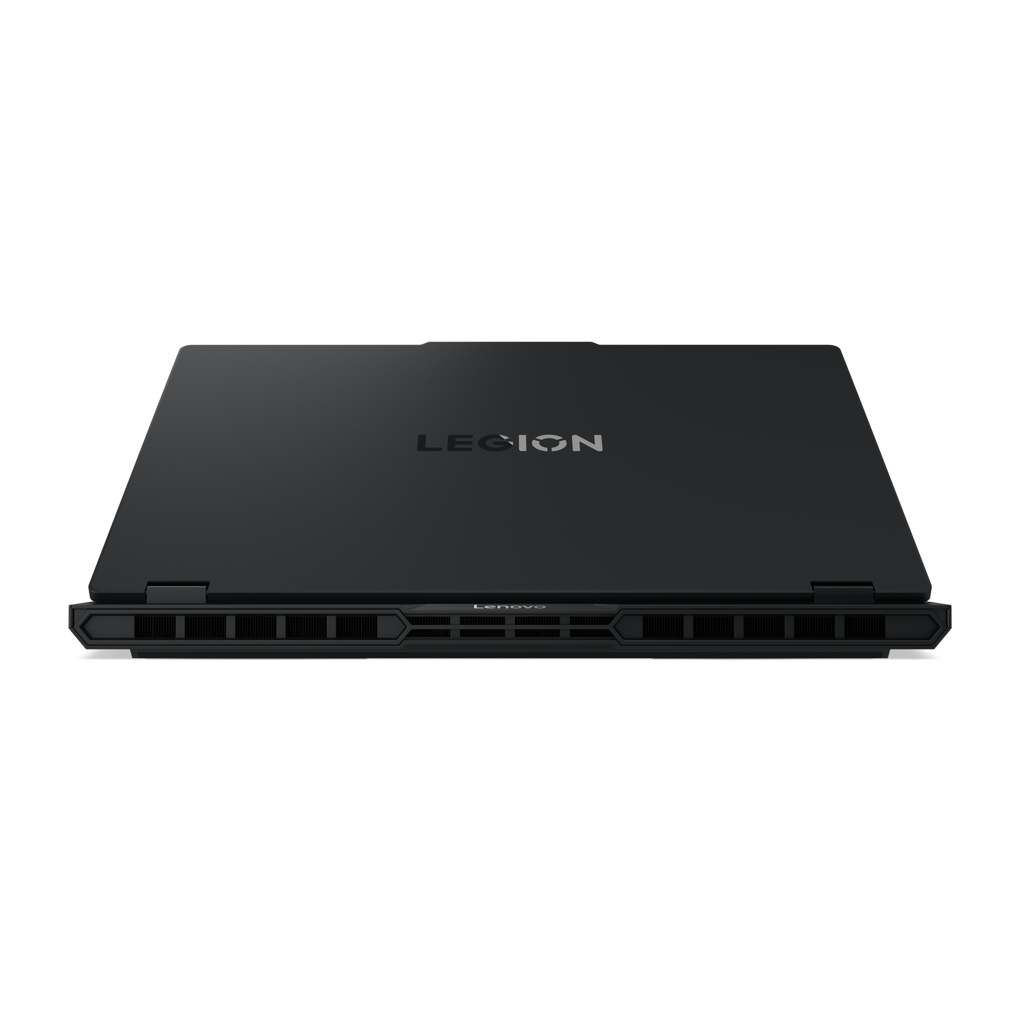 Ein schwarzer Lenovo Legion-Laptop. Das Wort 'LEGION' steht oben. Das Wort 'Lenovo' steht unten.