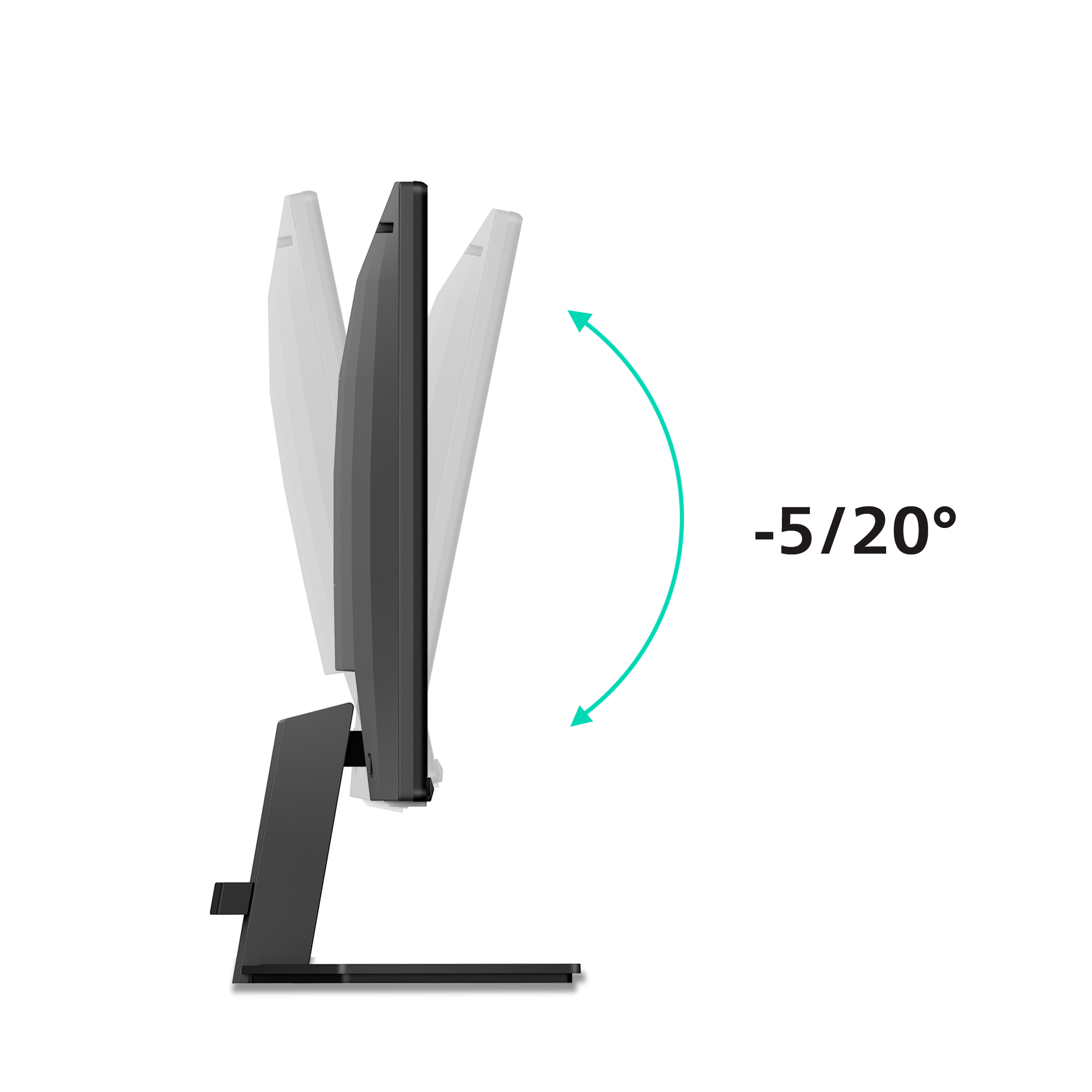 Ein schwarzer Computermonitor mit Ständer. Der Bildschirm ist geneigt, mit einem grünen Pfeil, der die Einstellung von -5 bis 20 Grad anzeigt.