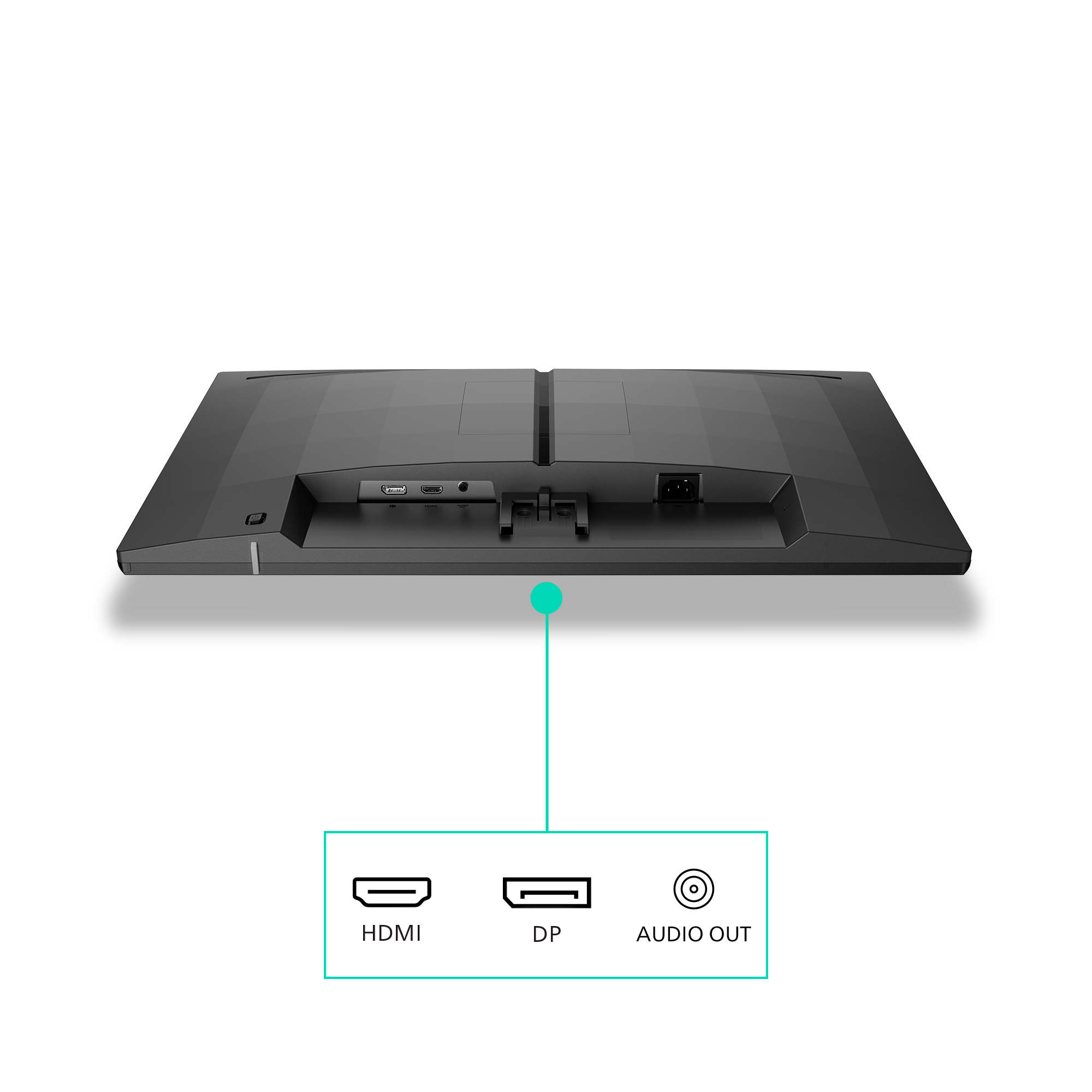 Rückseite eines Monitors mit HDMI-, DP- und Audioausgängen. Ein Stromanschluss ist ebenfalls sichtbar.