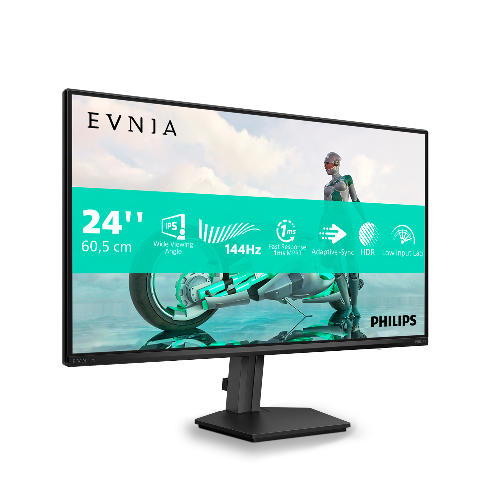 Ein Philips-Monitor zeigt ein futuristisches Motorrad und eine Person in einem silbernen Anzug. Es hat 24 Zoll, IPS, 144 Hz und andere Funktionen.