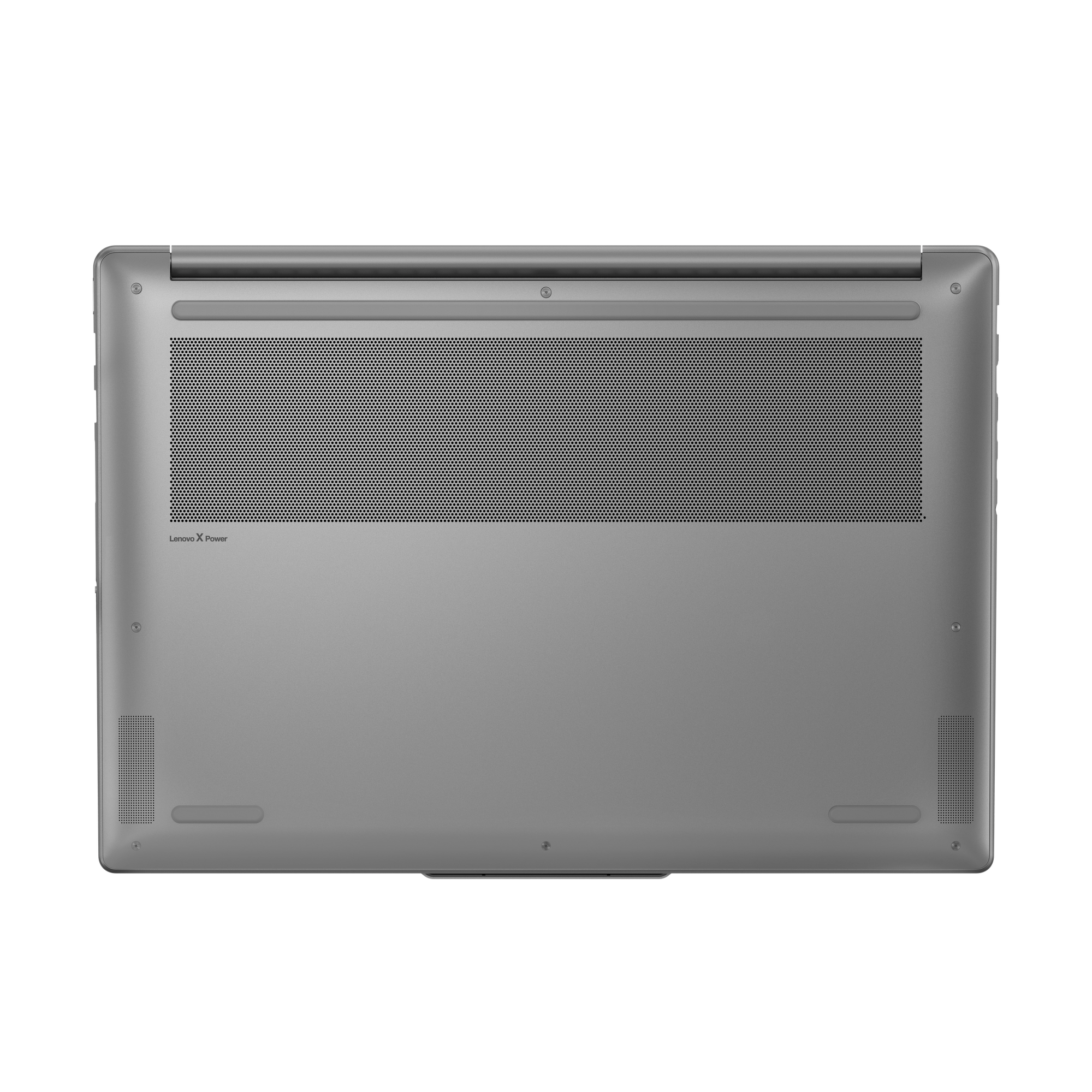Onderkant laptop. Grijs, geborsteld metaal met ventilatieroosters en Lenovo X Power-logo. Schroeven zichtbaar.