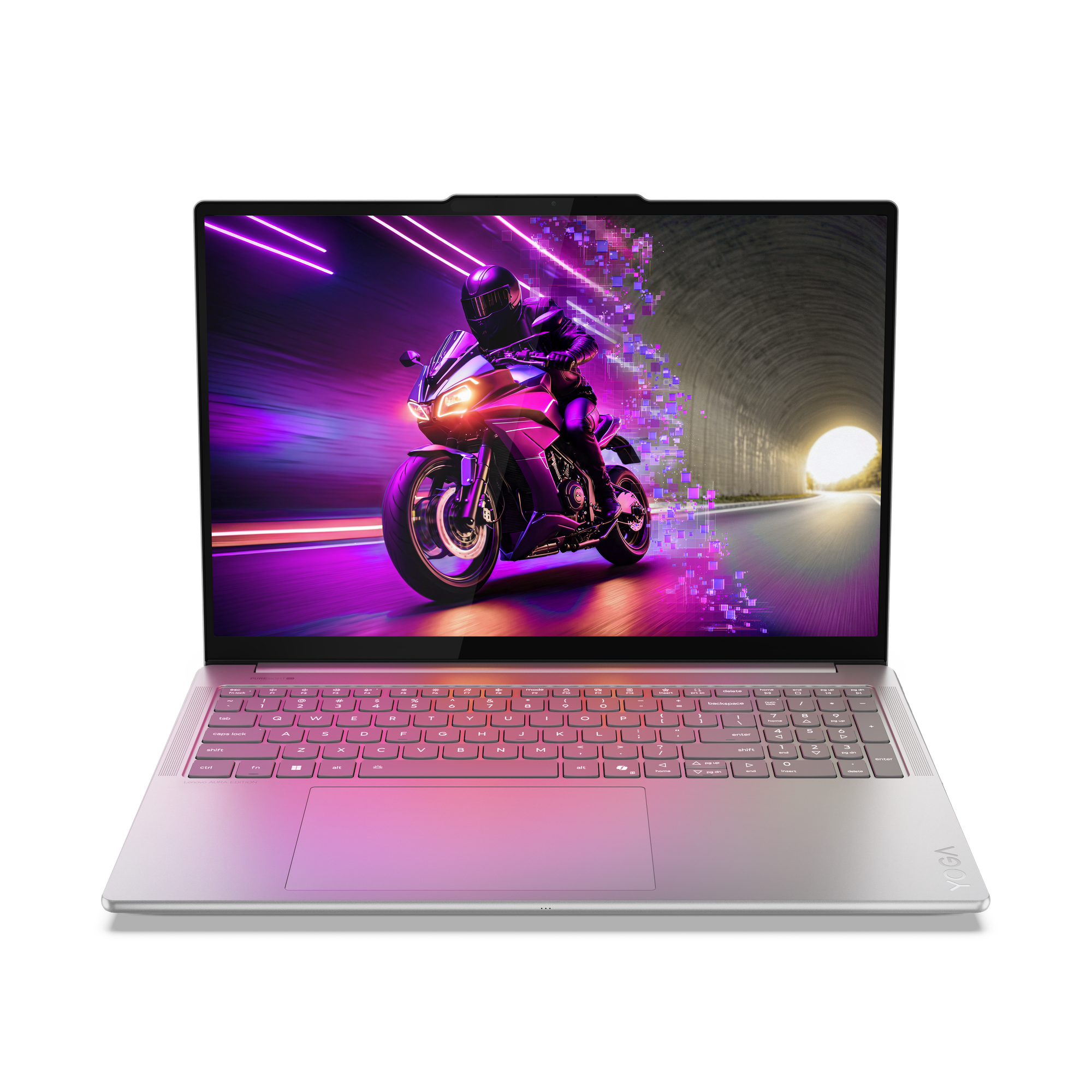 Een laptop toont een motorfiets die door een tunnel racet. Toetsenbord en touchpad zijn zichtbaar. De laptop is zilver.