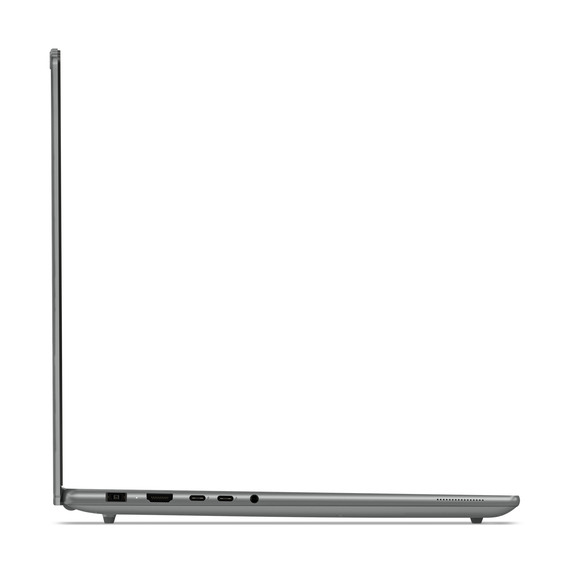 Zijaanzicht van een grijze laptop. Zichtbare poorten zijn USB, HDMI en audio. Het scherm is zwart.