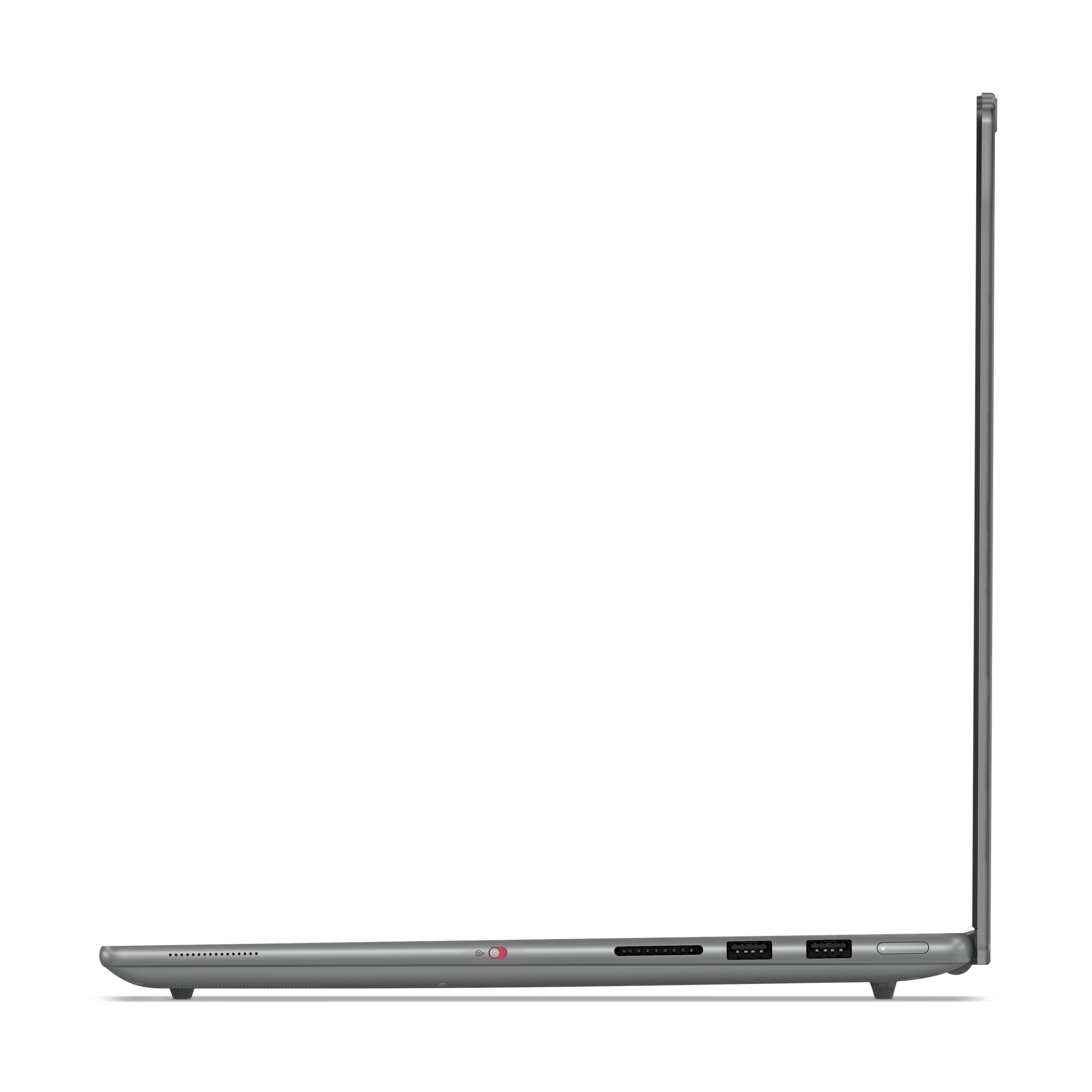 Zijaanzicht van een grijze laptop. Toont poorten, een aan/uit-knop en de rand van het scherm. Zwarte achtergrond.