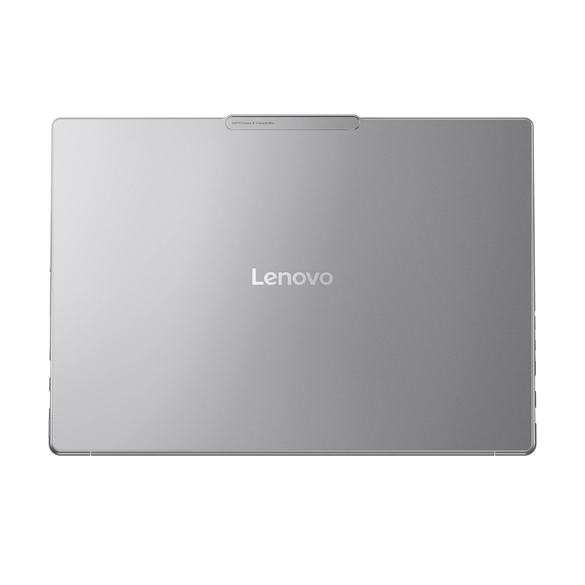 Zilveren Lenovo tablet. Bovenaanzicht. Heeft het Lenovo logo, camera en microfoons. Afgeronde hoeken, donker frame en zilveren afwerking.