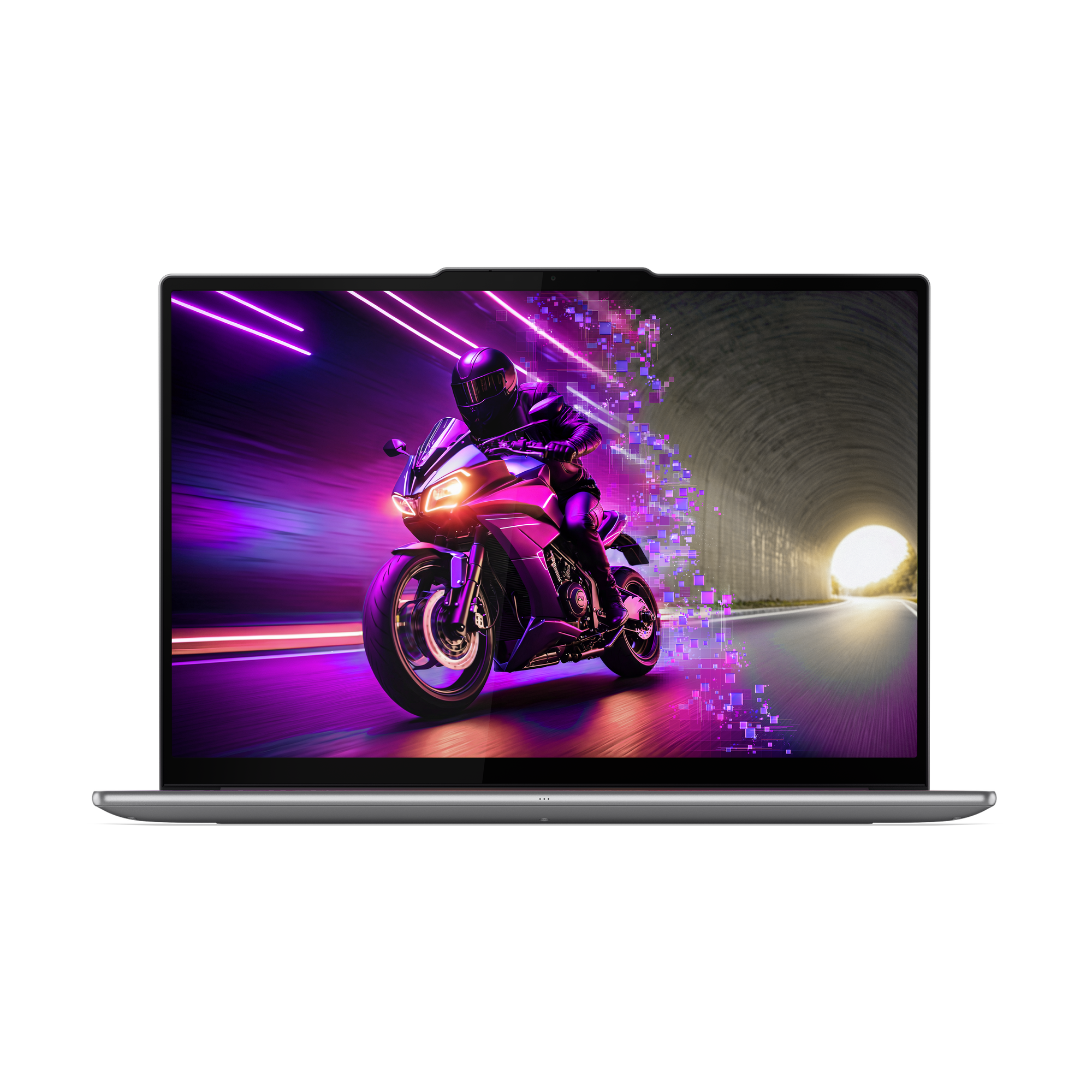 Motorrijder met helm scheurt door tunnel op laptopscherm. Neonlichten en digitale effecten versterken de scène.